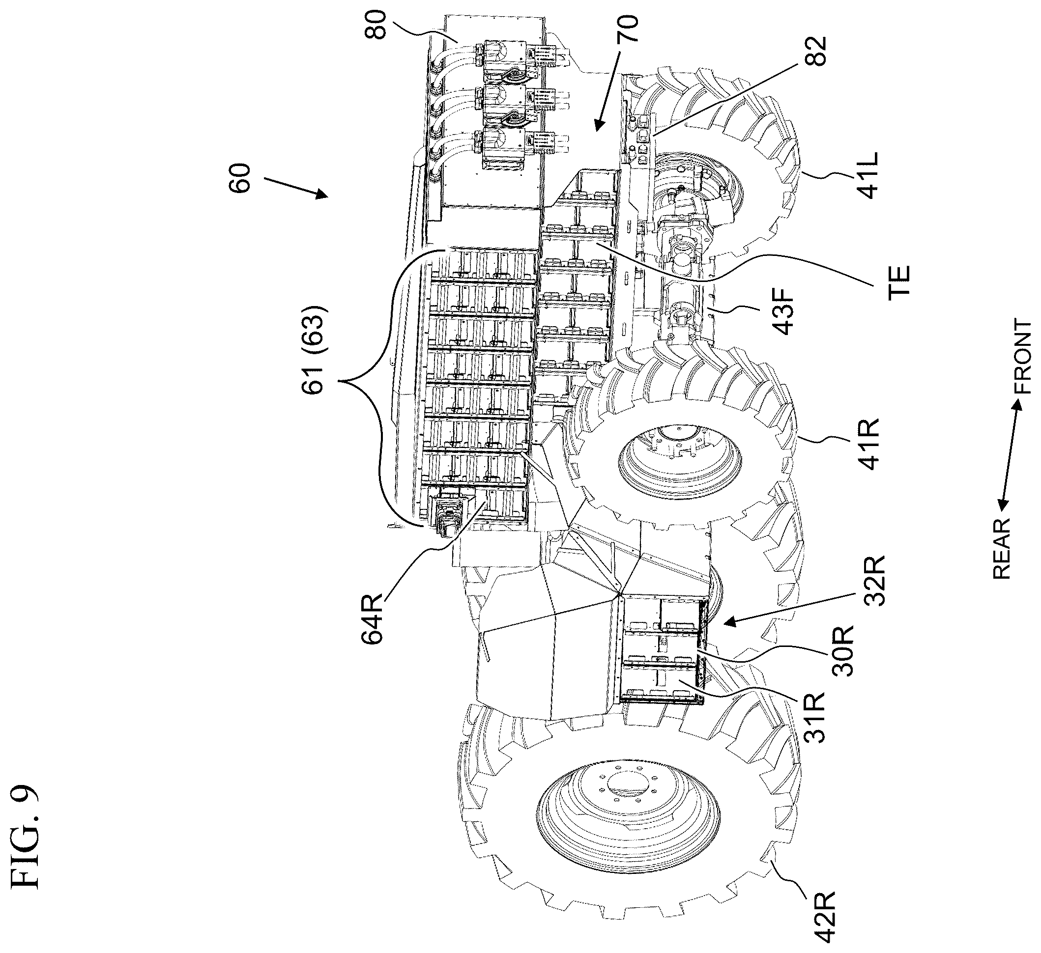 Patent US12496890 Figure 9 – Work vehicle with horizontally offset battery housings