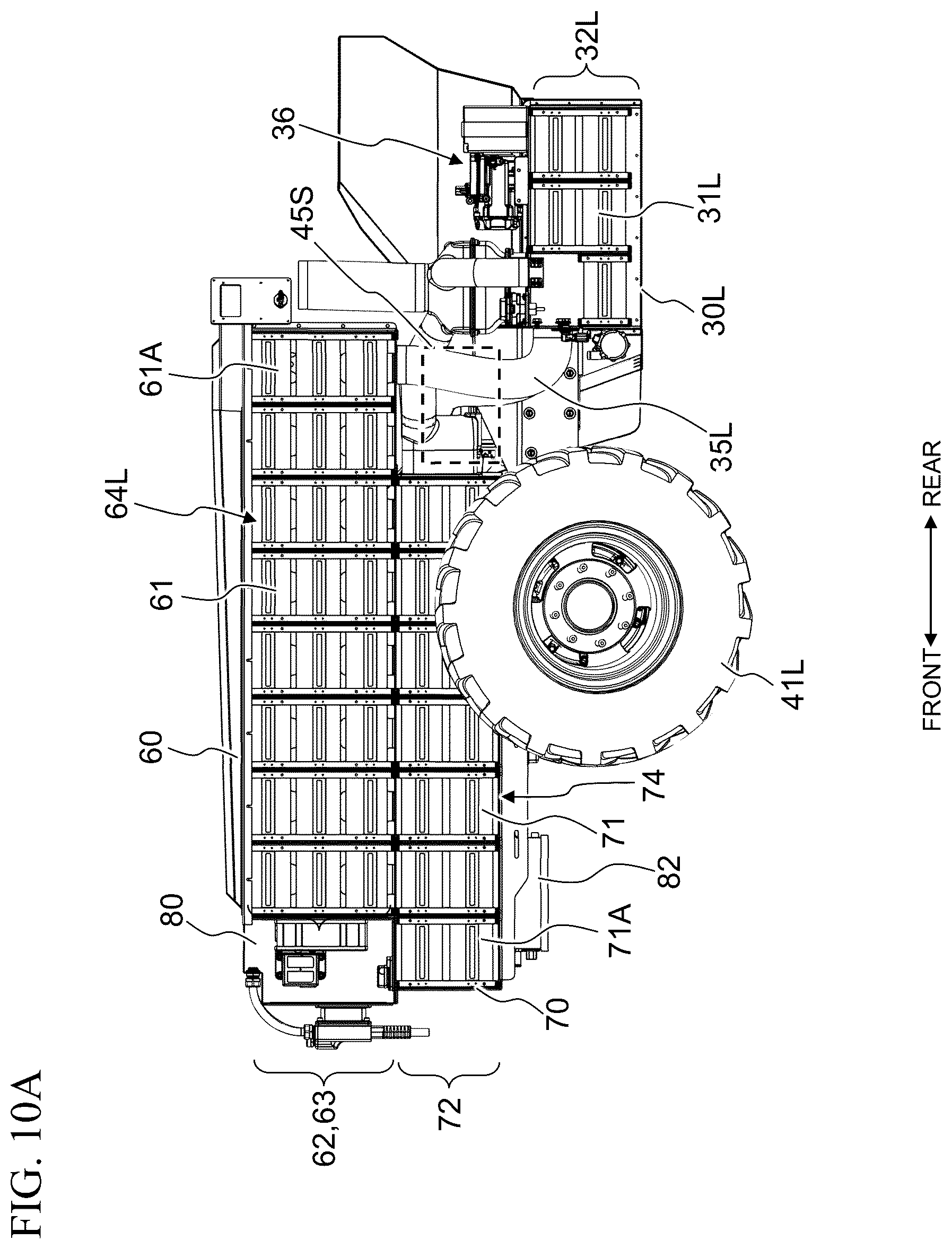 Patent US12496890 Figure 10 – Work vehicle with horizontally offset battery housings