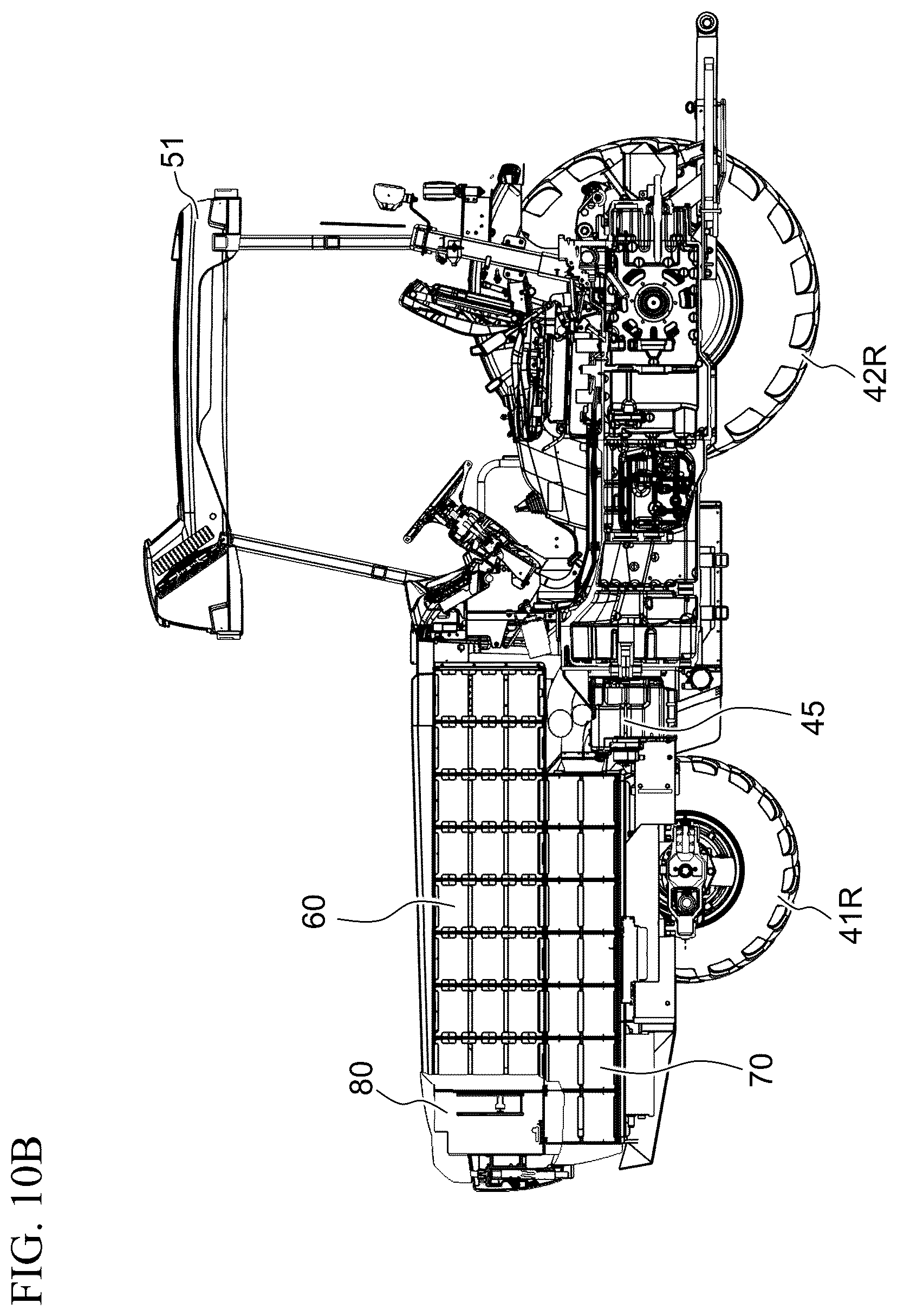 Patent US12496890 Figure 11 – Work vehicle with horizontally offset battery housings
