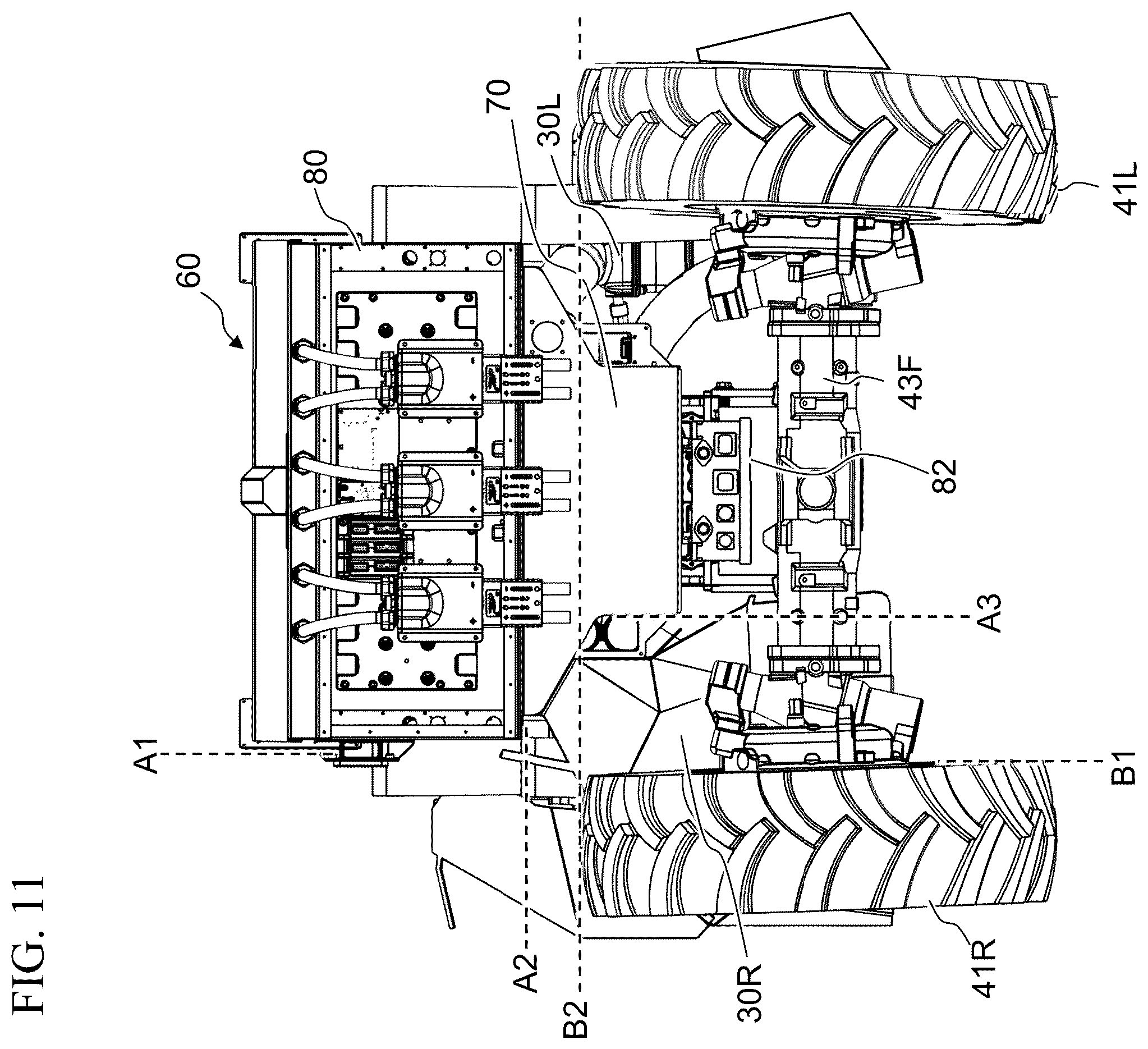Patent US12496890 Figure 12 – Work vehicle with horizontally offset battery housings