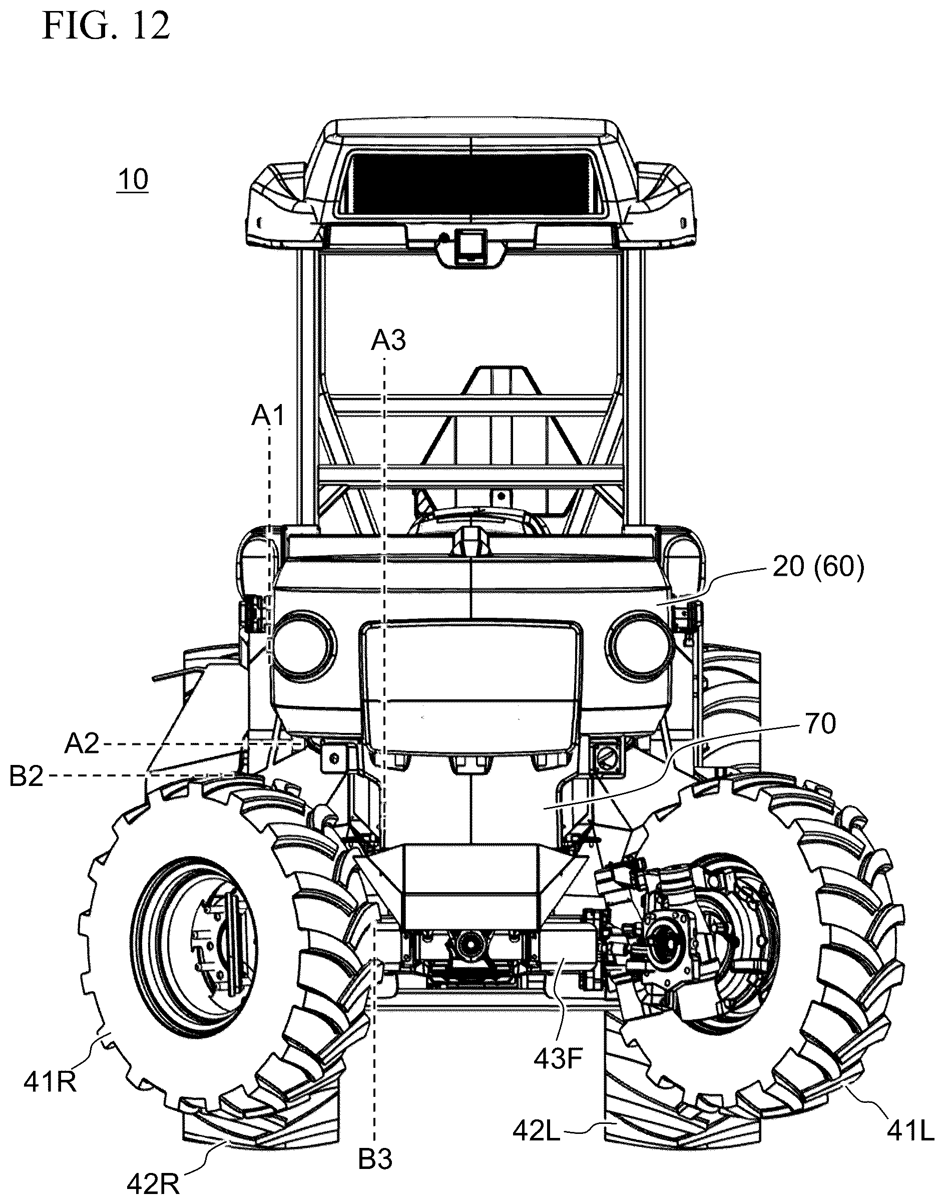Patent US12496890 Figure 13 – Work vehicle with horizontally offset battery housings