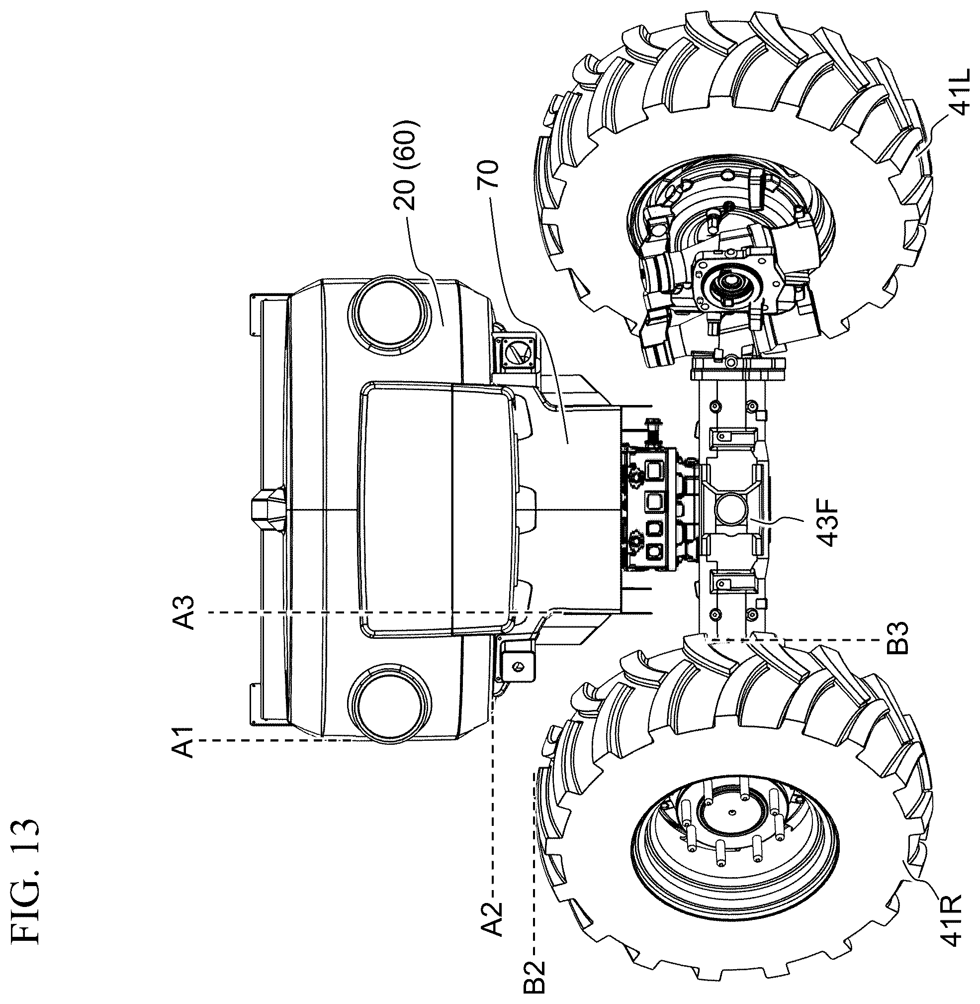 Patent US12496890 Figure 14 – Work vehicle with horizontally offset battery housings