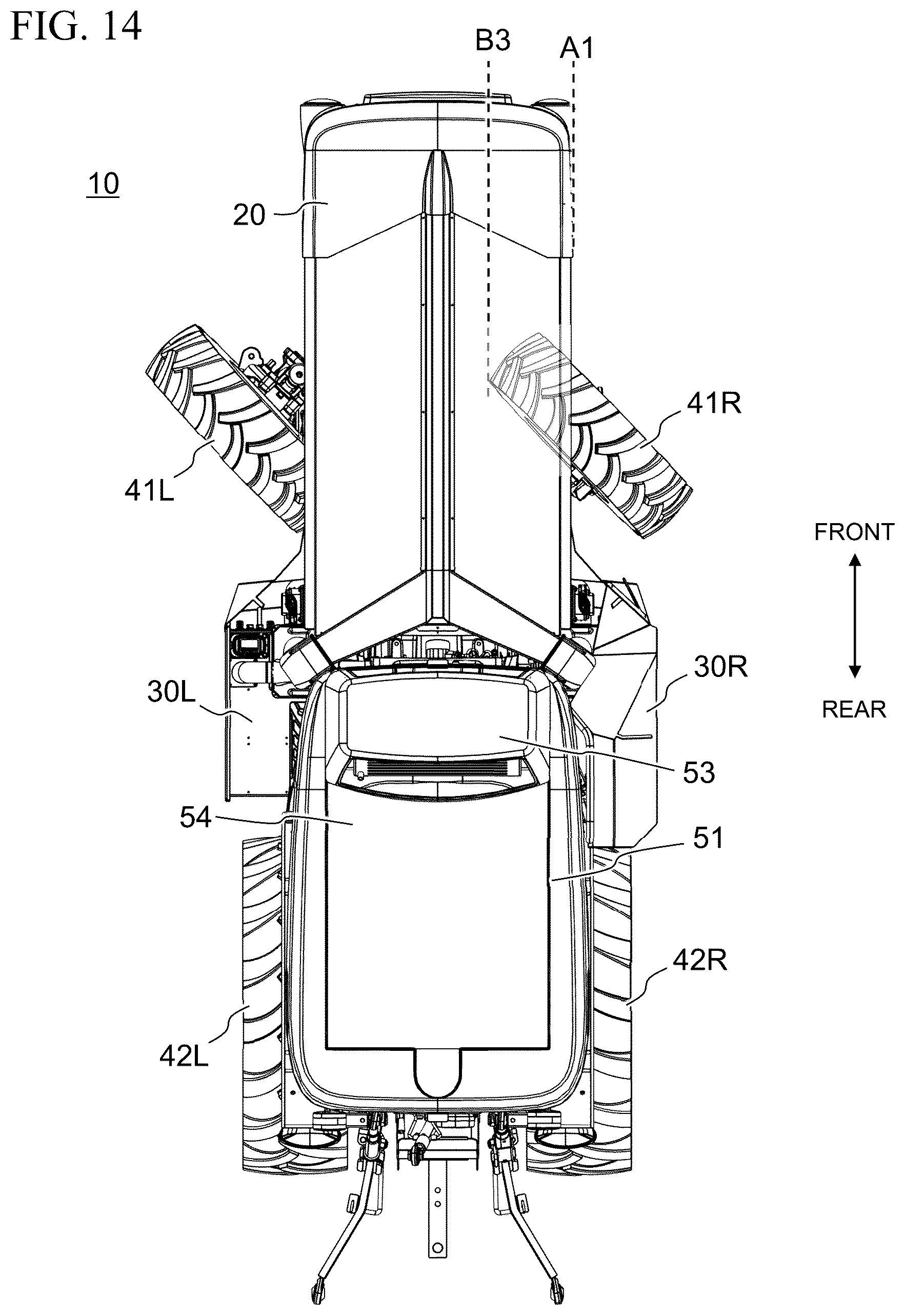 Patent US12496890 Figure 15 – Work vehicle with horizontally offset battery housings