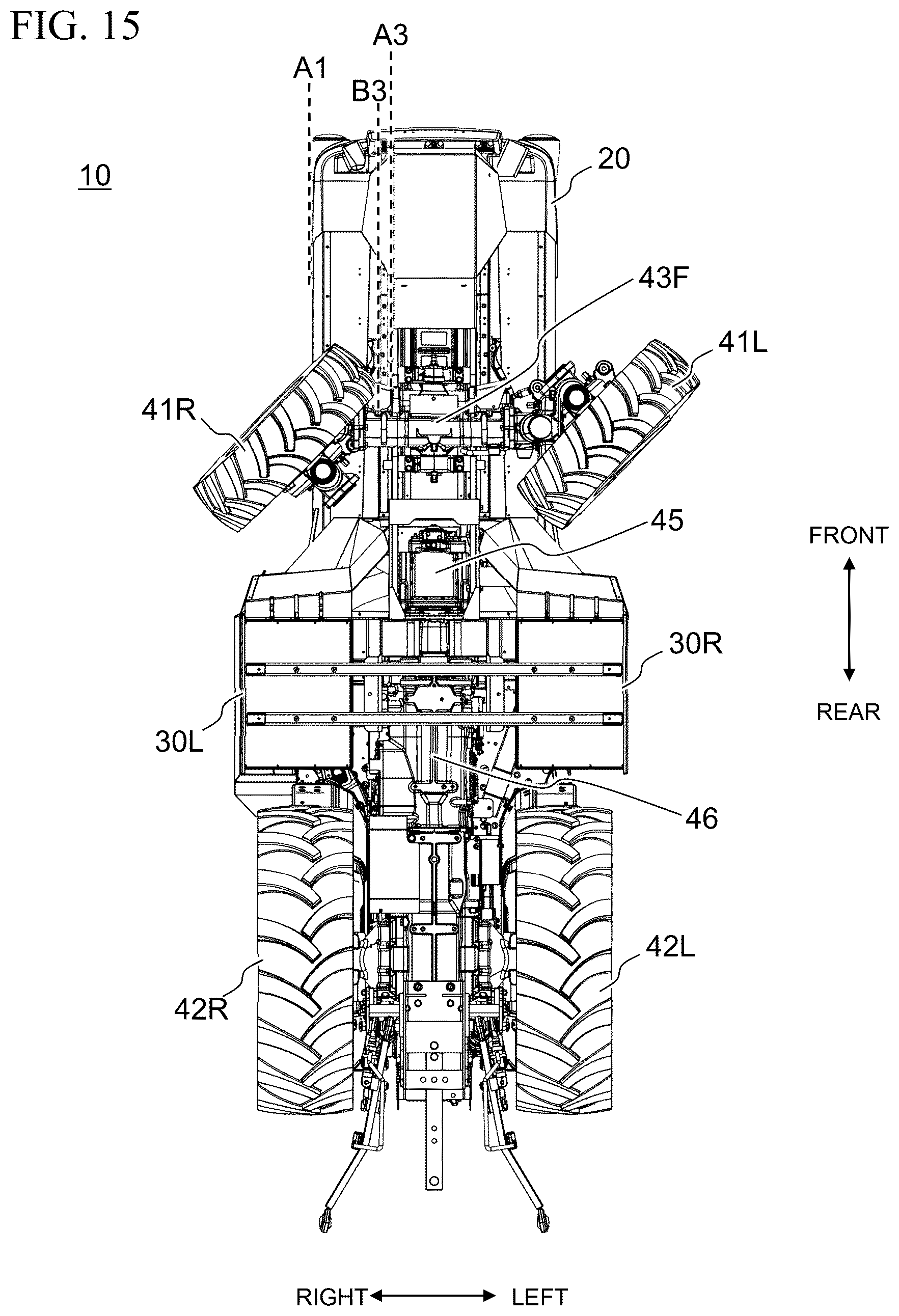 Patent US12496890 Figure 16 – Work vehicle with horizontally offset battery housings