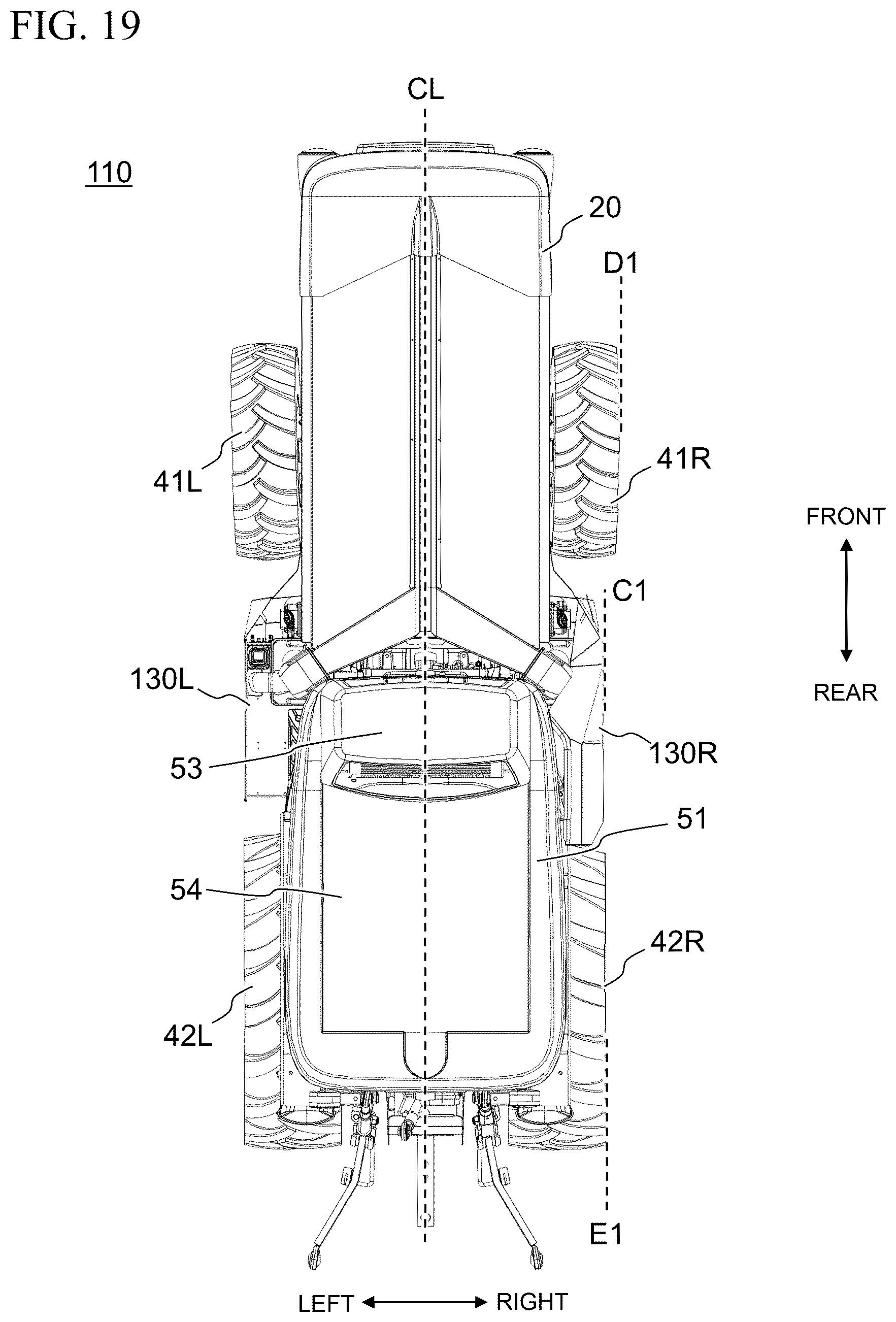 Patent US12496890 Figure 20 – Work vehicle with horizontally offset battery housings
