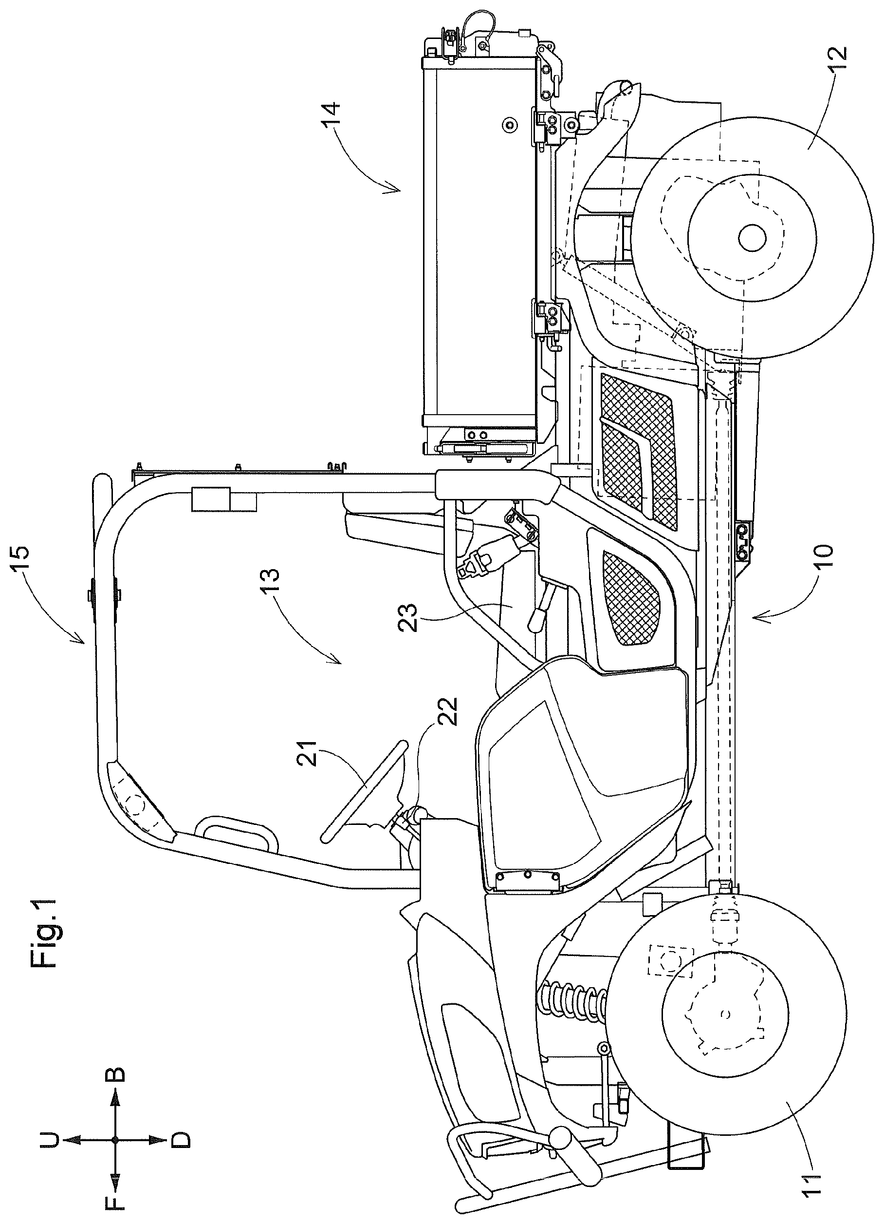Patent US12496900 Figure 1 – In-vehicle fuel tank device and utility vehicle