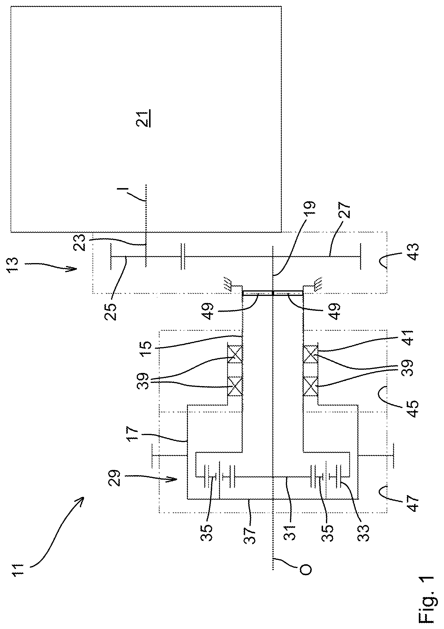 Patent US12496901 Figure 1 – Wheel side with offset gear and separate lubrication spaces