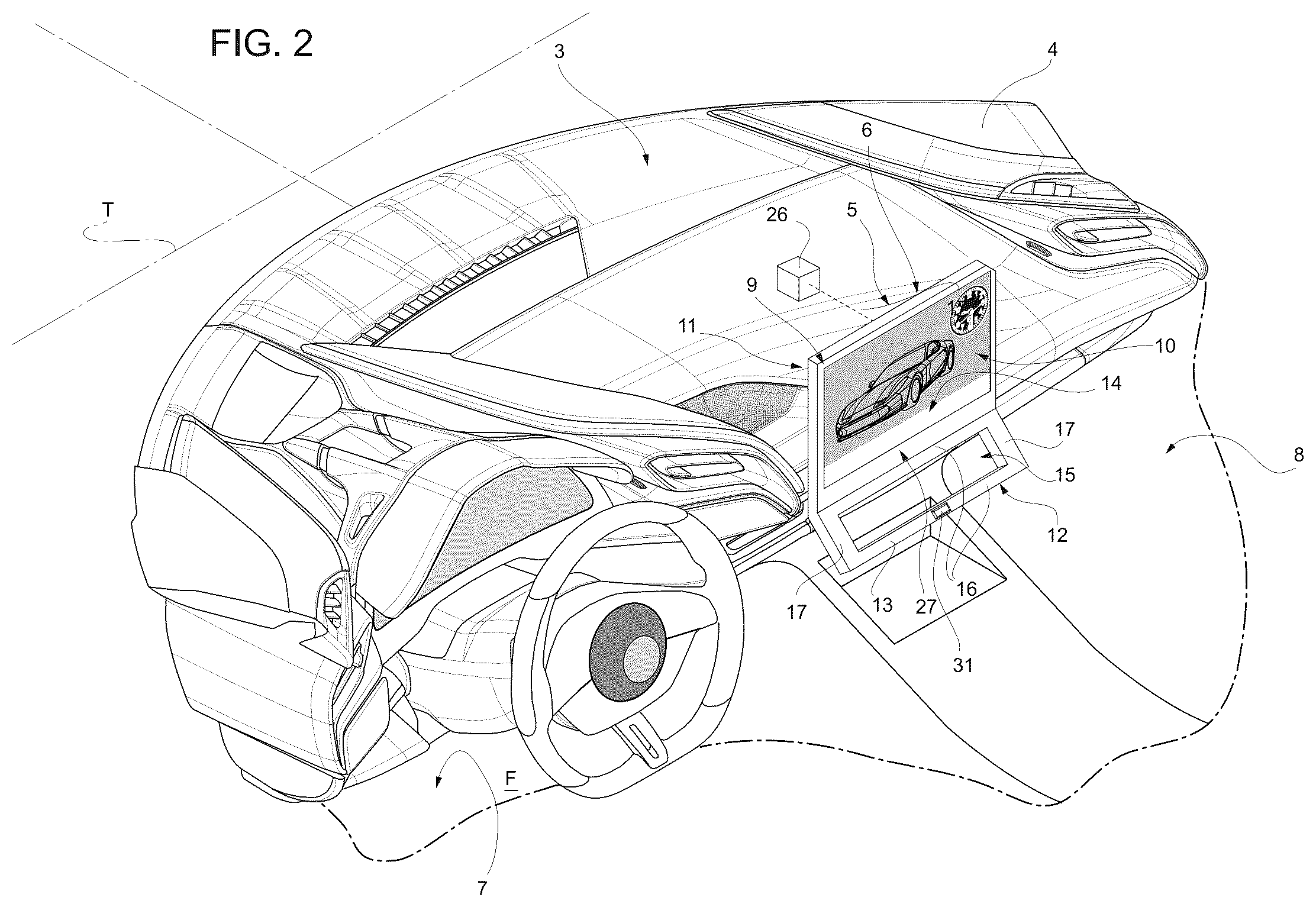 Patent US12496903 Figure 2 – Content display device for road vehicle and relative road vehicle