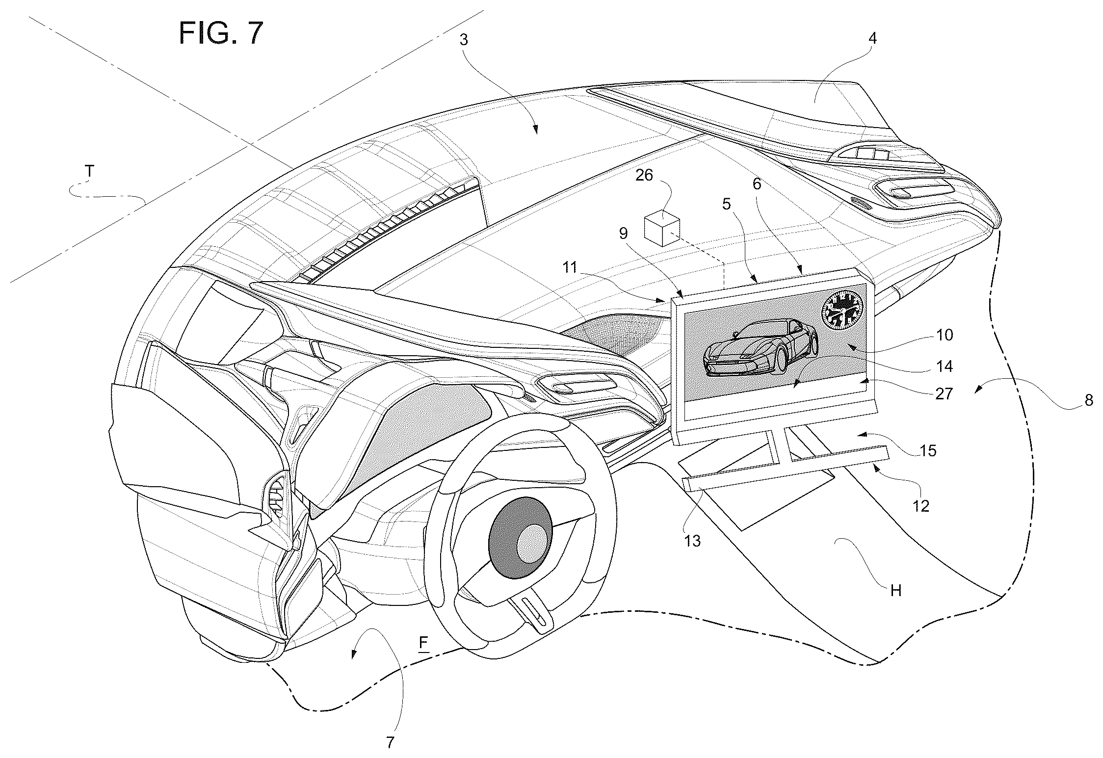 Patent US12496903 Figure 7 – Content display device for road vehicle and relative road vehicle