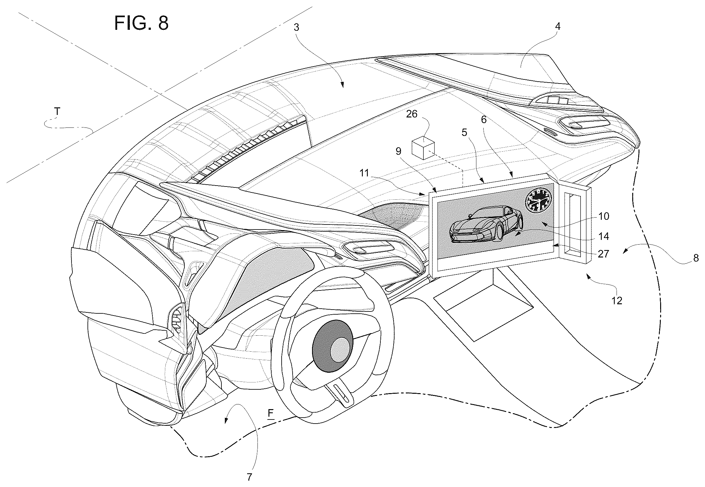 Patent US12496903 Figure 8 – Content display device for road vehicle and relative road vehicle