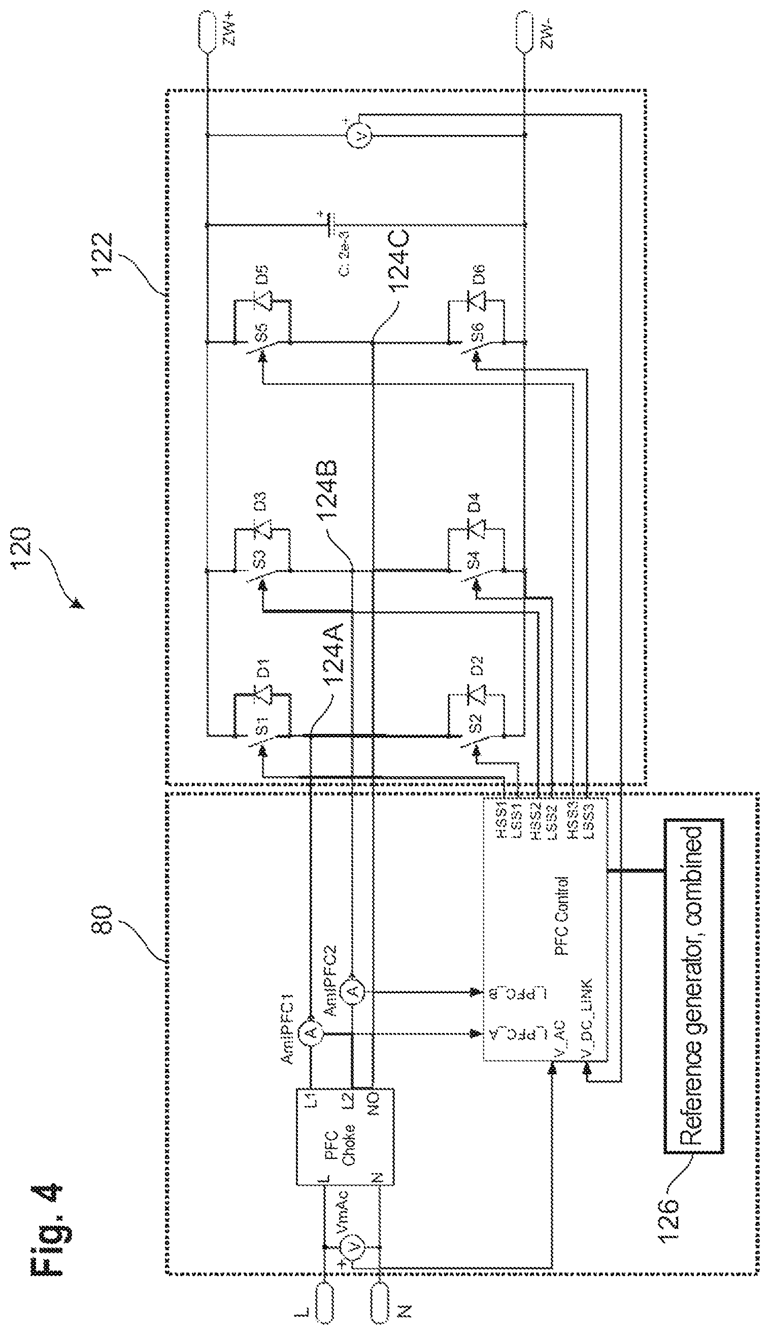 Patent US12496921 Figure 4 – Electronic device, power factor correction filter, and an on-board charging device