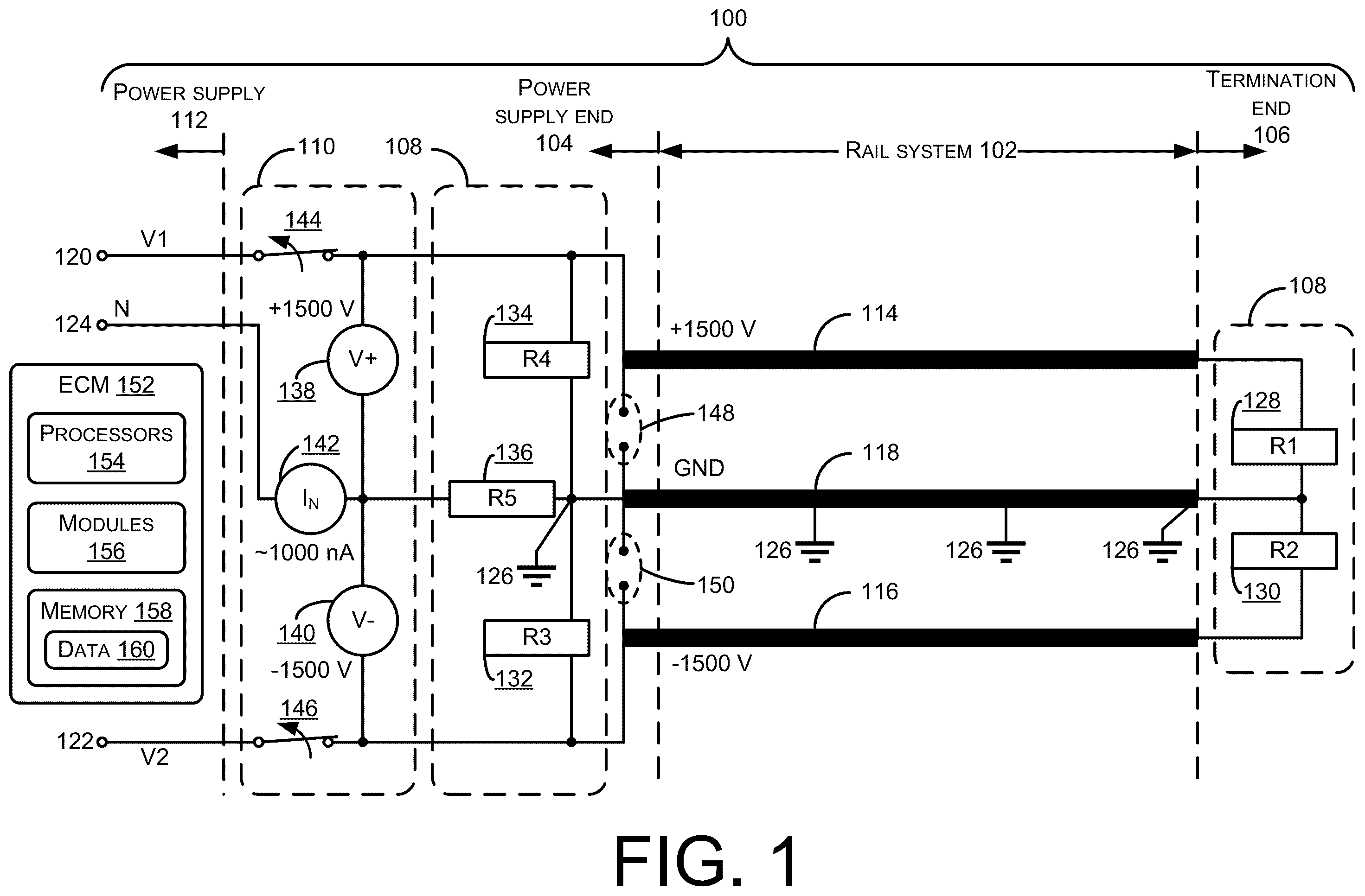 Patent US12496935 Figure 1 – Three-rail power supply system