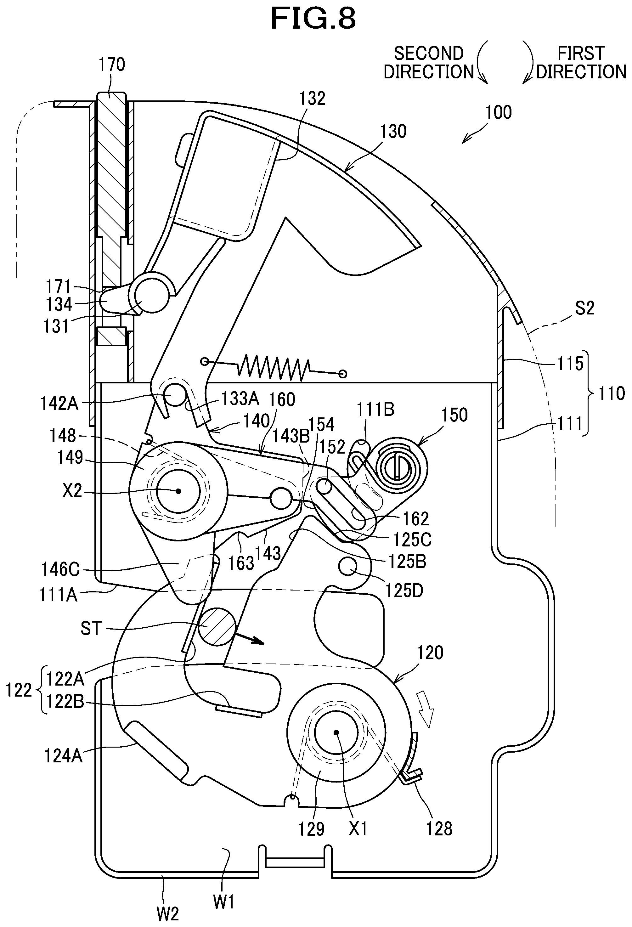 Patent US12496944 Figure 8 – Latch for locking vehicle seat back