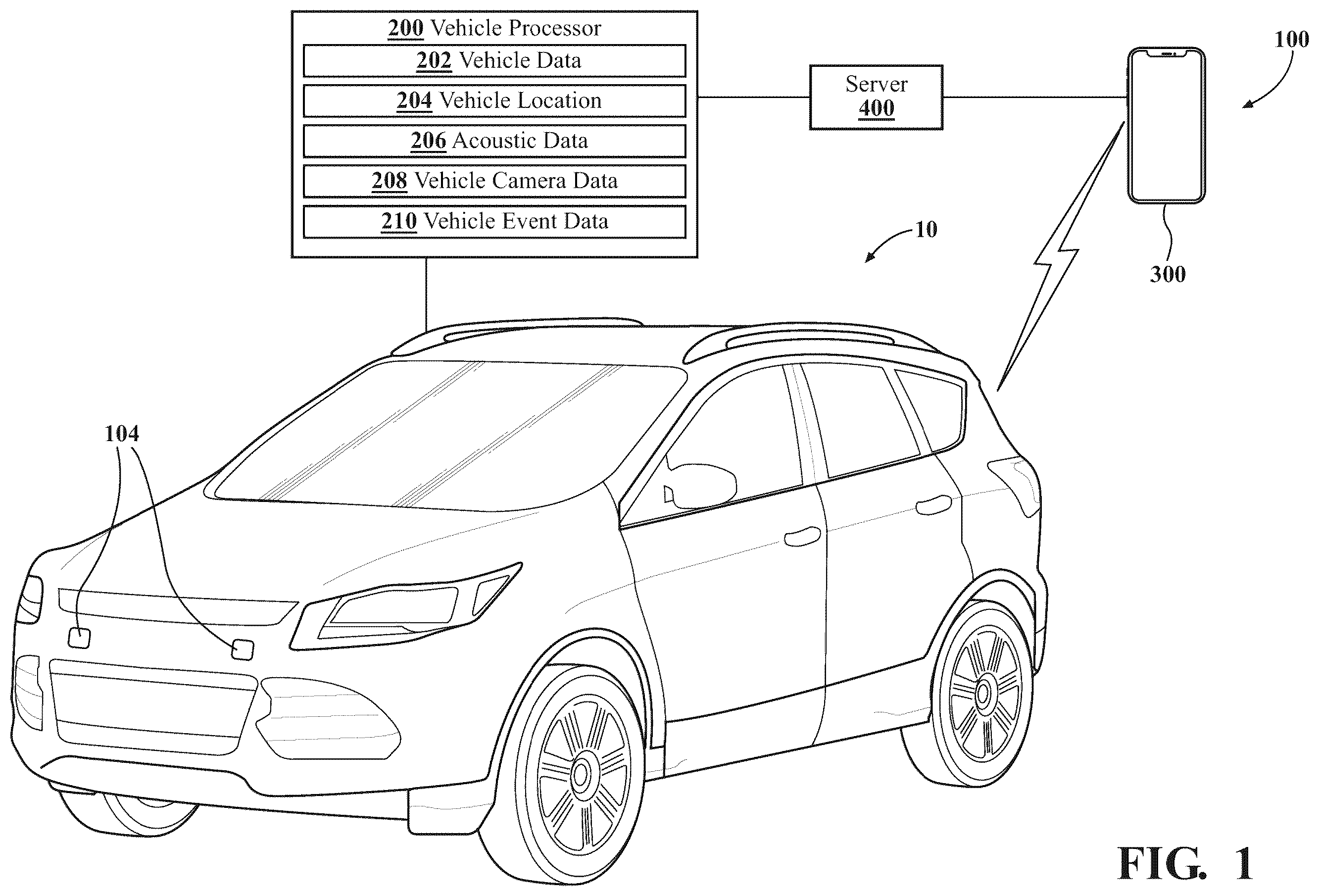 Patent US12496967 Figure 1 – Vehicle system for detecting acoustic frequencies