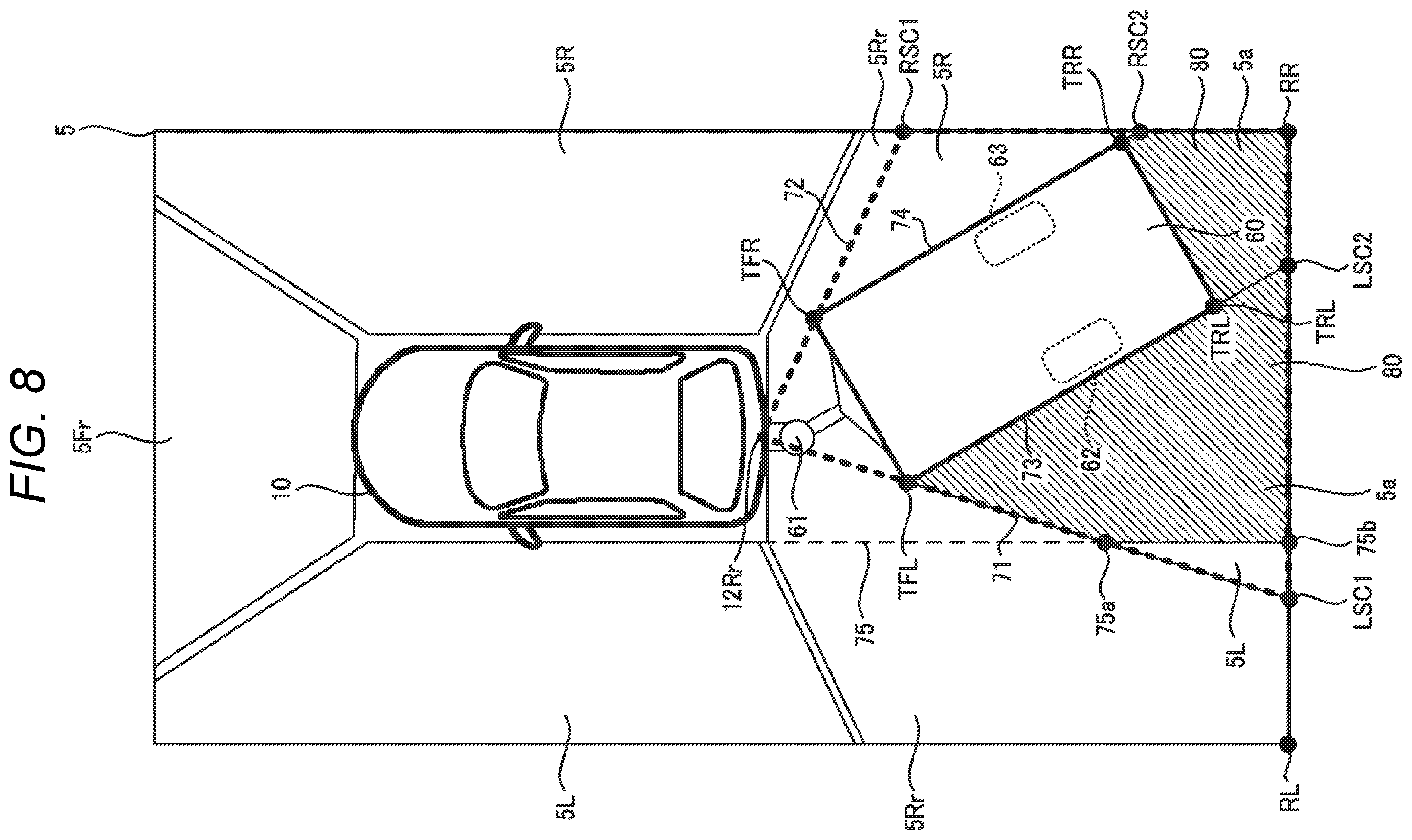 Patent US12496970 Figure 8 – Device, method, and program for generating an overhead image around a vehicle relative to a target object