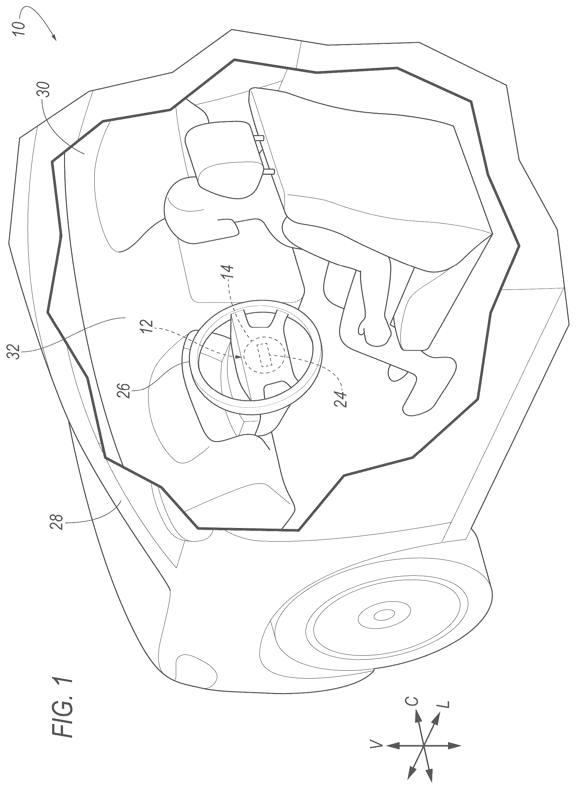 Patent US12496995 Figure 1 – Vehicle airbag with elastic vent assembly