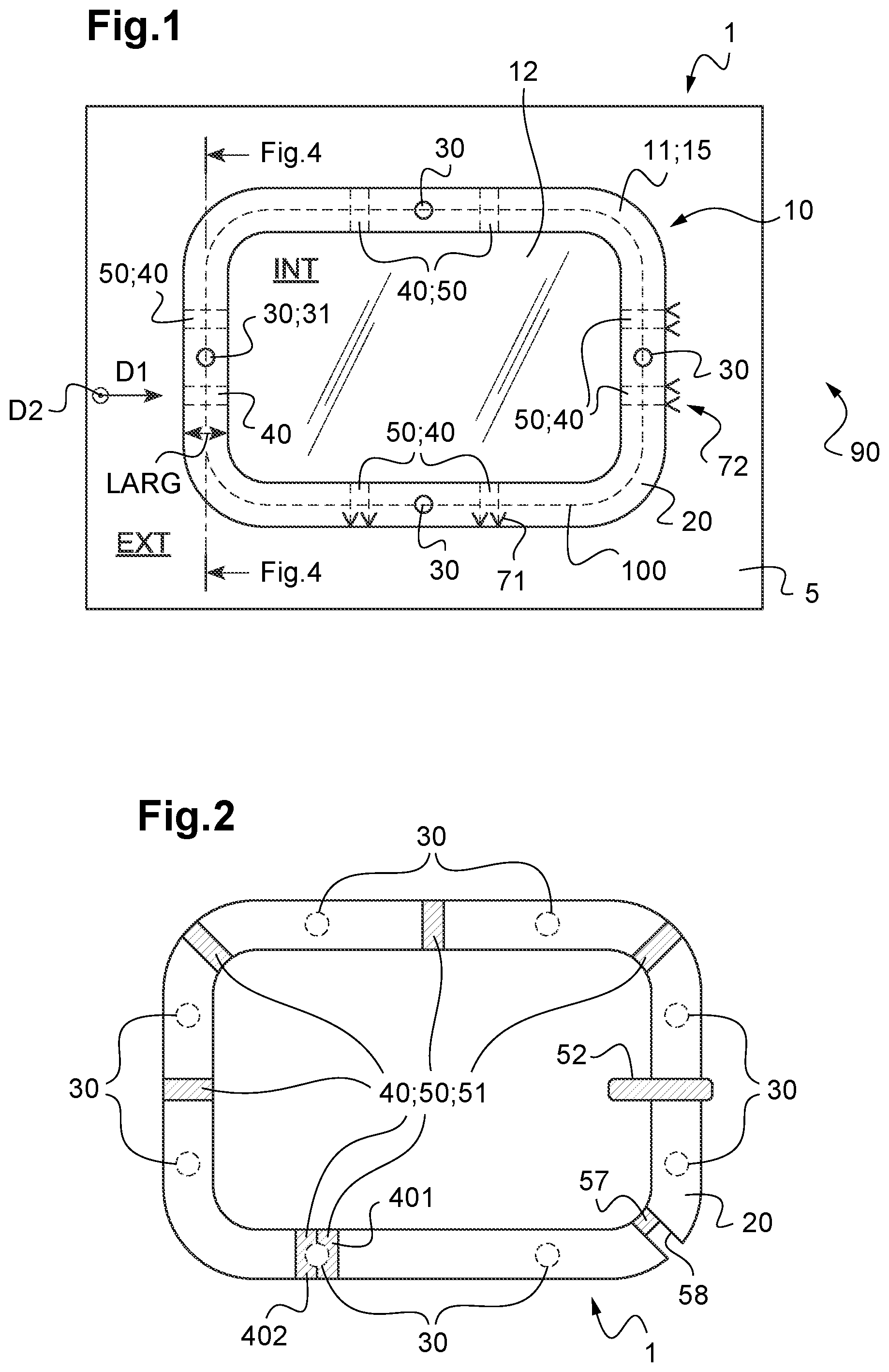 Patent US12497154 Figure 1 – Assembly having two elements assembled by a glue joint provided with blocked tunnels, vehicle comprising such an assembly and methods for securing and detaching such an assembly