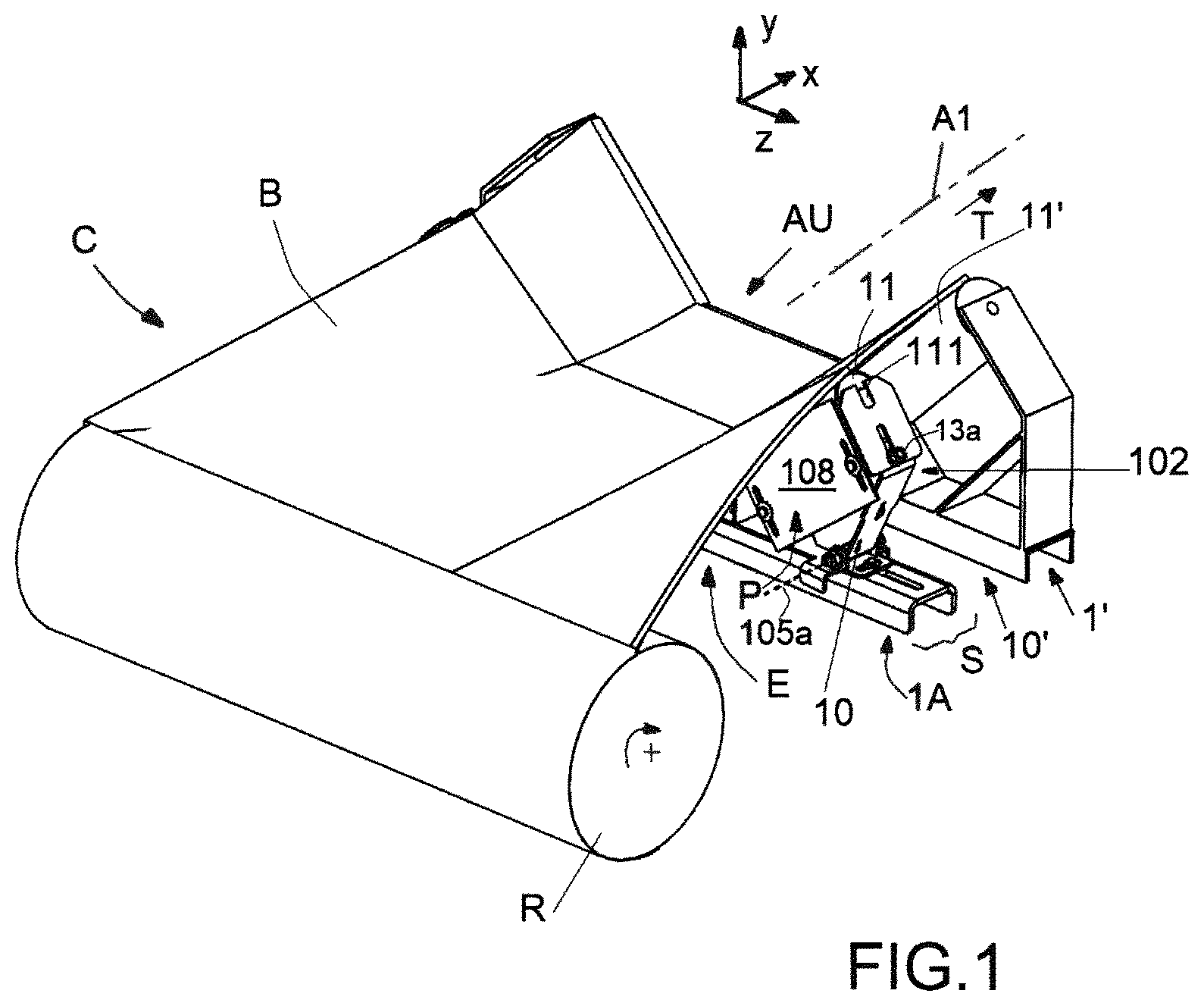 Patent US12497244 Figure 1 – Device for laterally guiding an endless conveyor belt of a trough conveyor