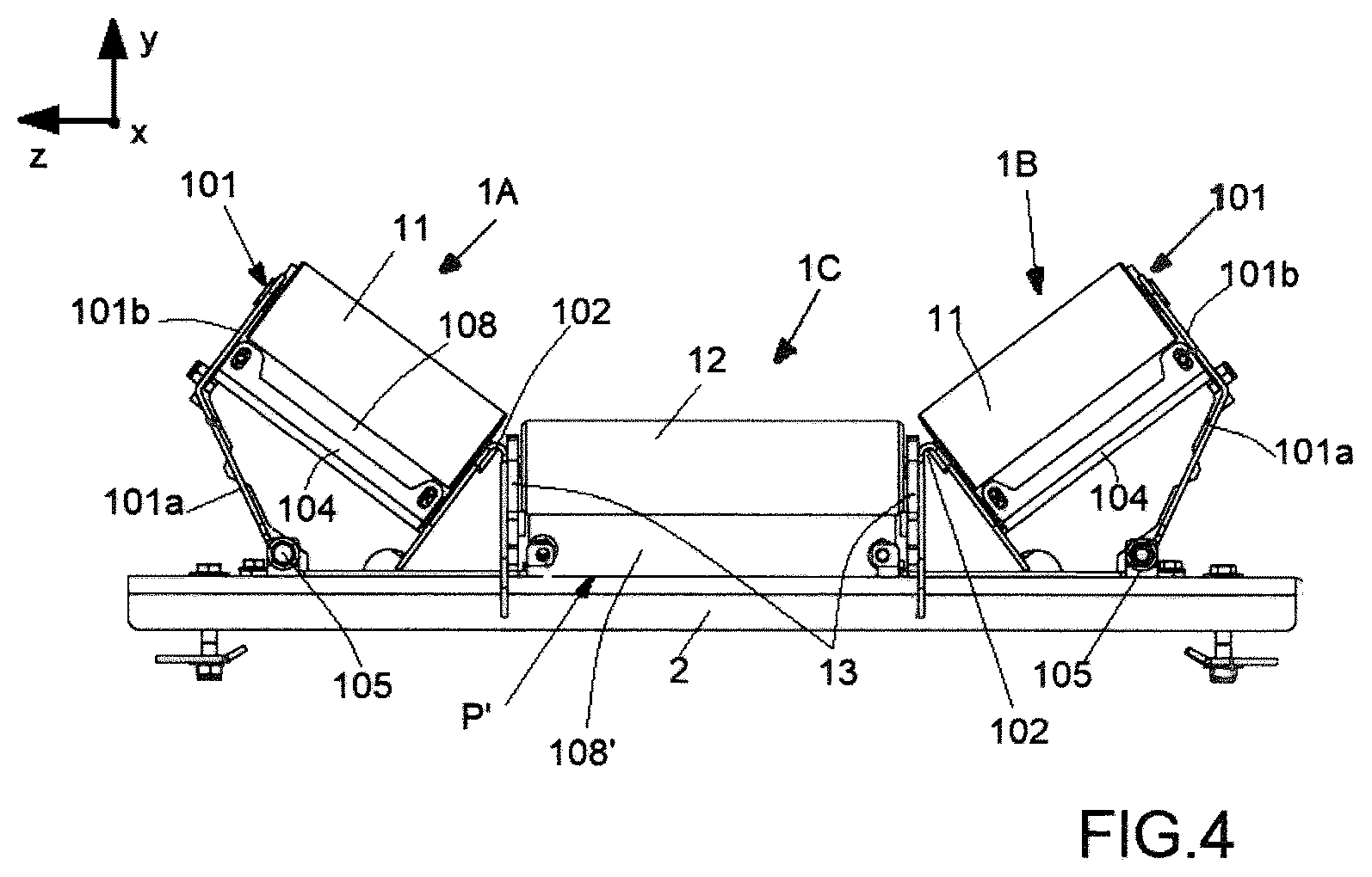 Patent US12497244 Figure 4 – Device for laterally guiding an endless conveyor belt of a trough conveyor