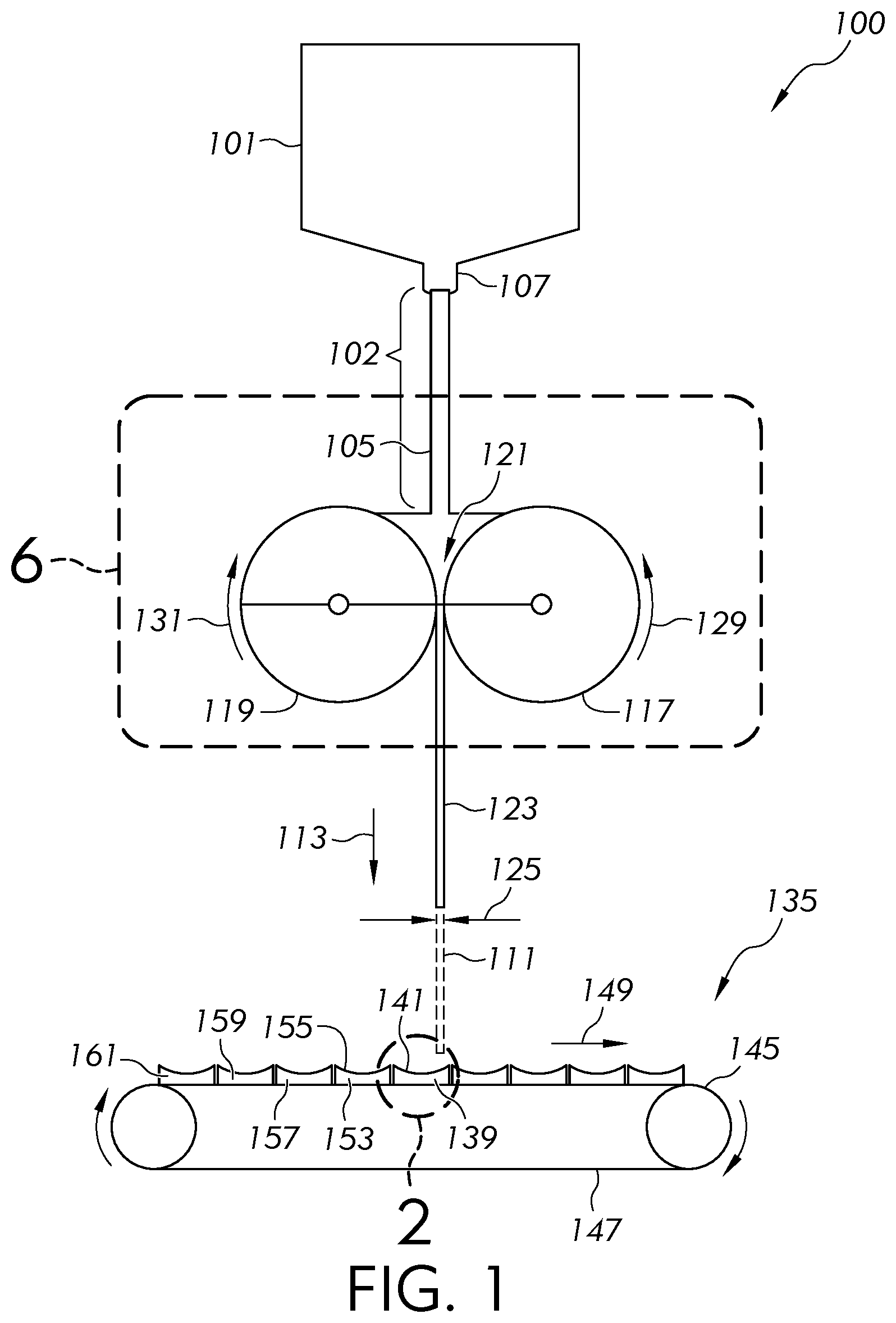 Patent US12497318 Figure 1 – Methods and apparatus for manufacturing a glass ribbon