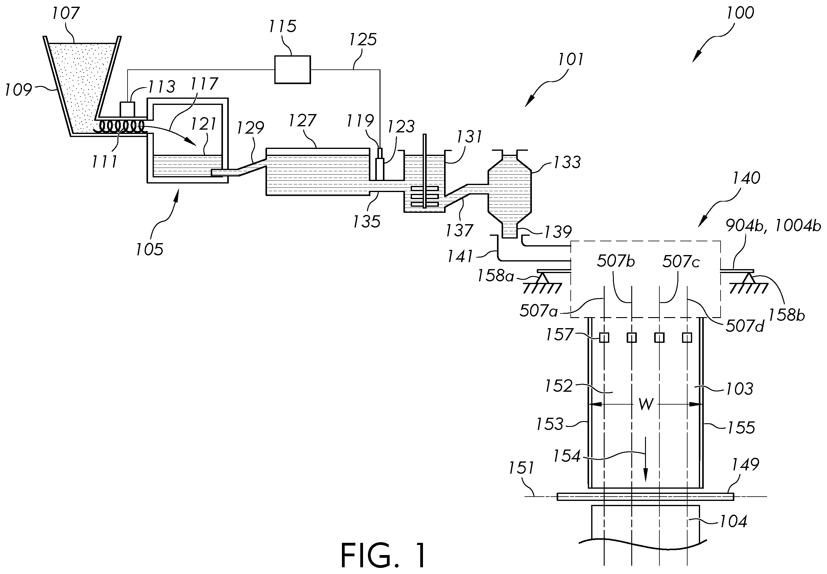 Patent US12497319 Figure 1 – Apparatus and methods for fabricating a glass ribbon