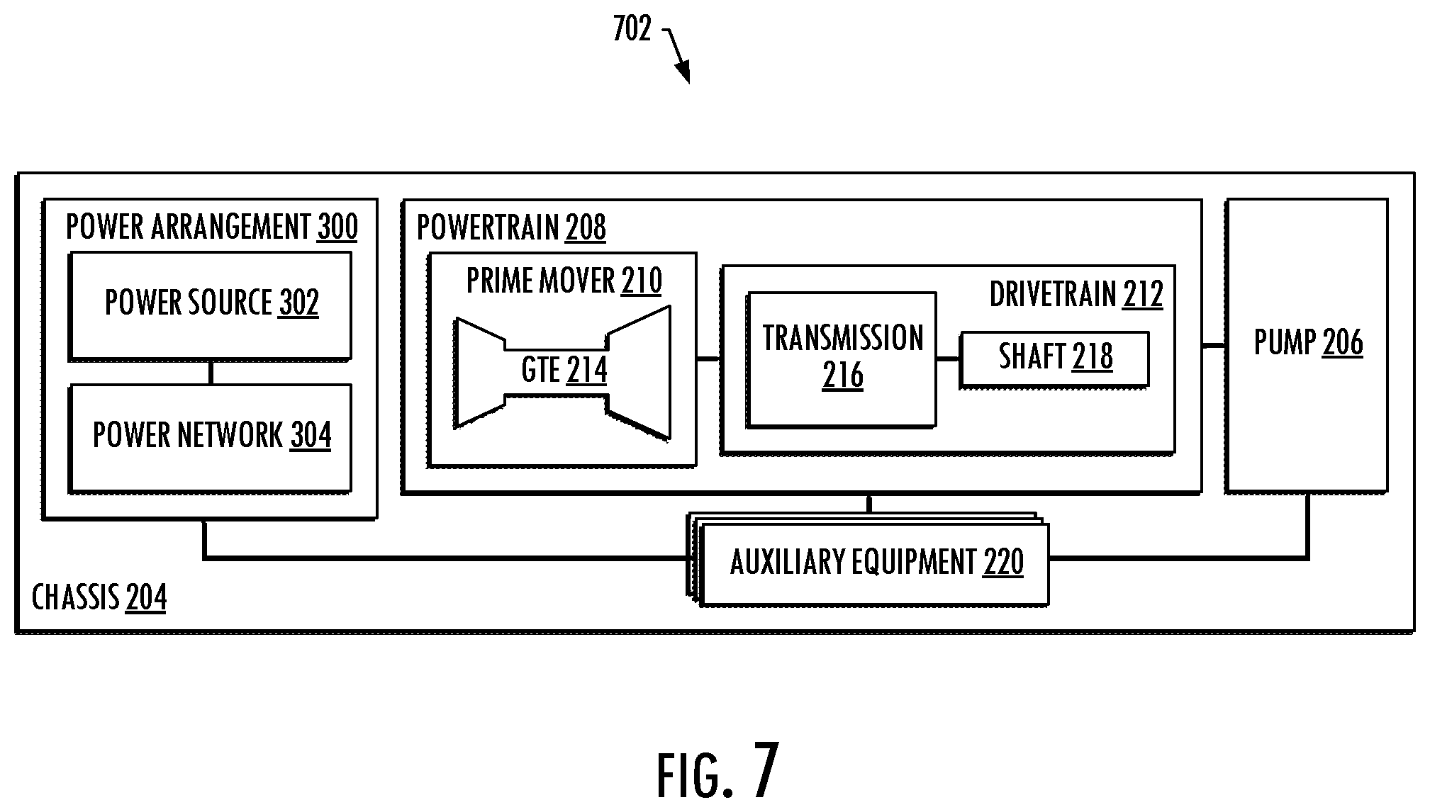 Patent US12497879 Figure 6 – Power sources and transmission networks for auxiliary equipment onboard hydraulic fracturing units and associated methods