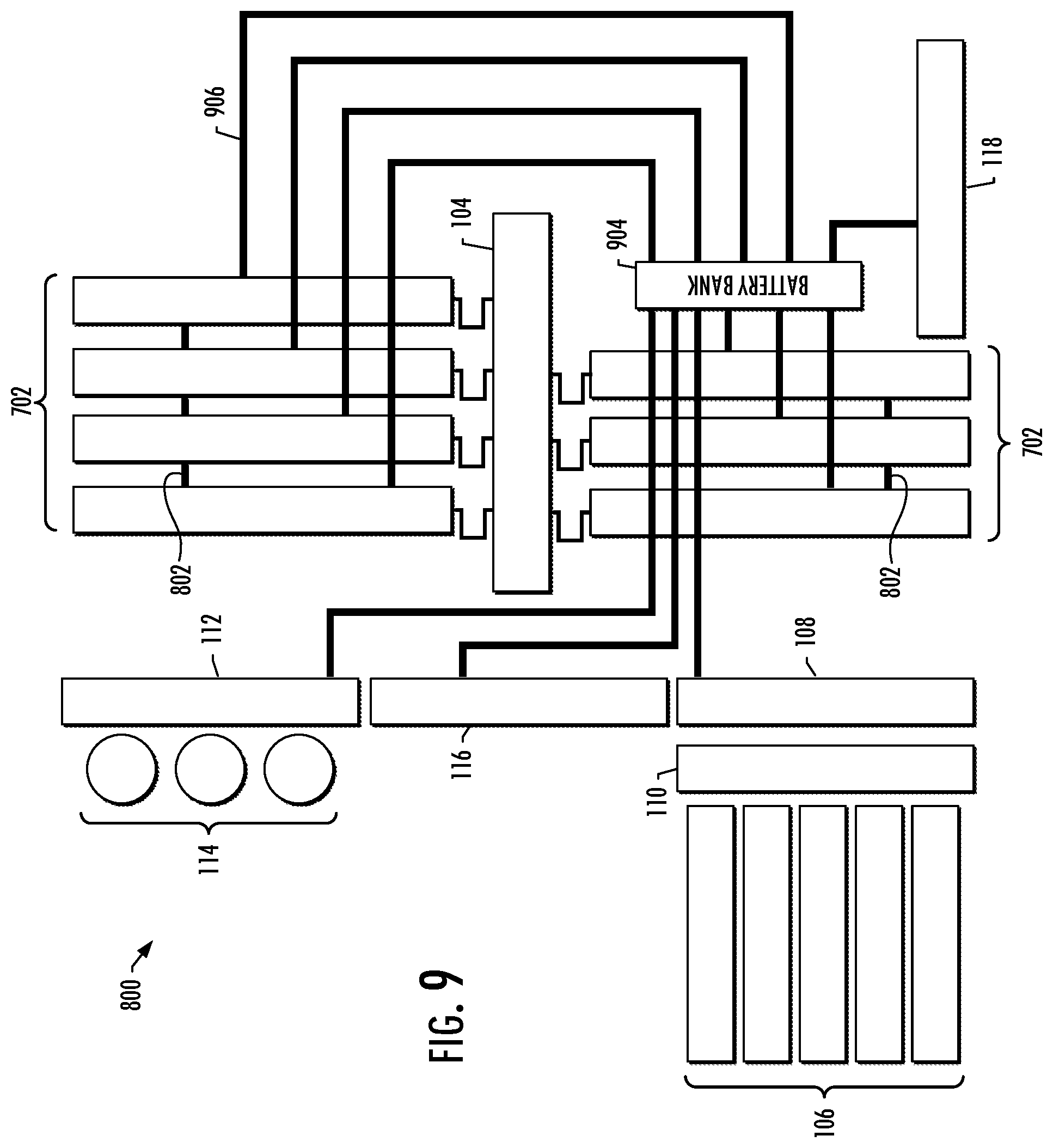 Patent US12497879 Figure 8 – Power sources and transmission networks for auxiliary equipment onboard hydraulic fracturing units and associated methods