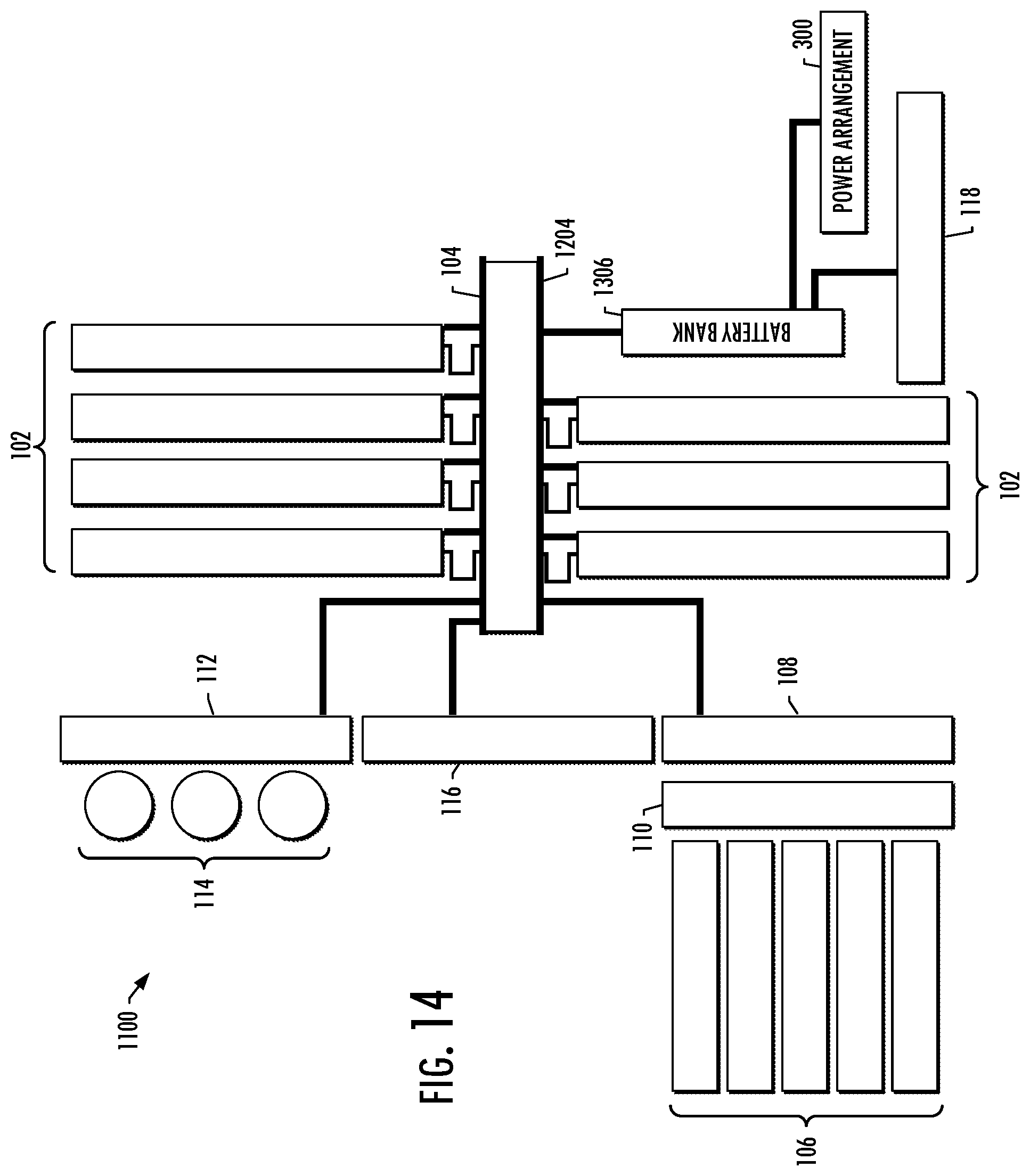 Patent US12497879 Figure 13 – Power sources and transmission networks for auxiliary equipment onboard hydraulic fracturing units and associated methods