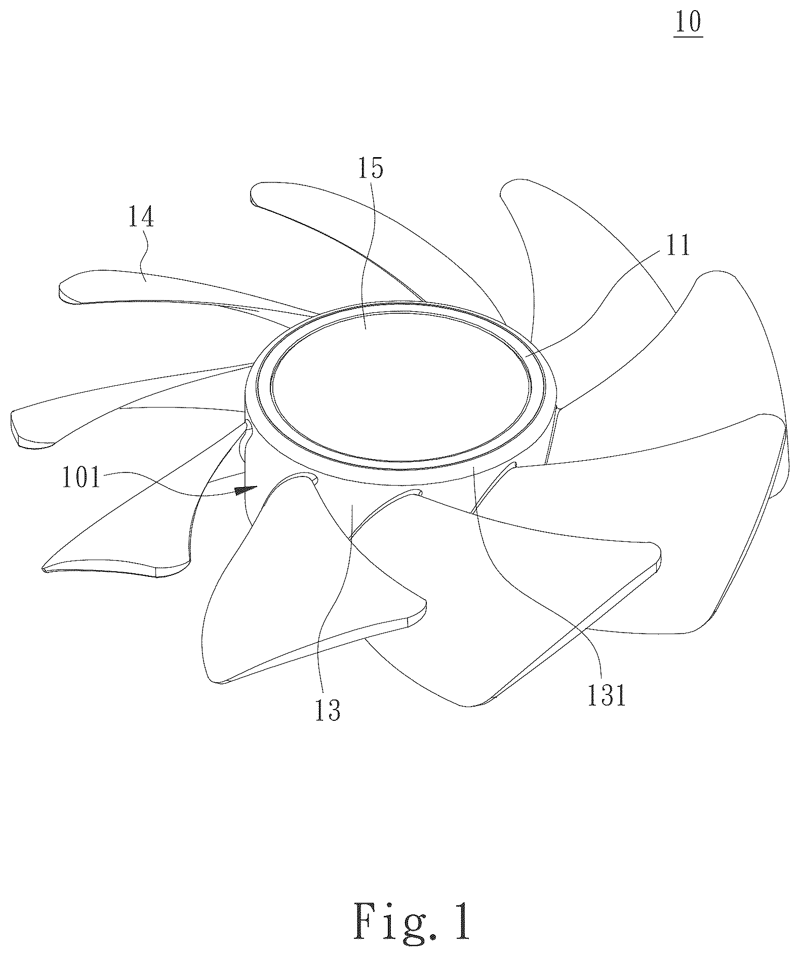Patent US12497973 Figure 1 – Partially luminous fan blade and fan containing same