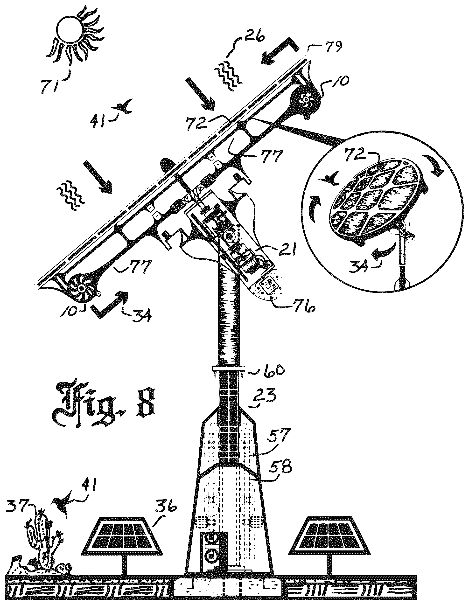 Patent US12504001 Figure 5 – Solar wind turbine with lever assist via compounding mechanical advantage
