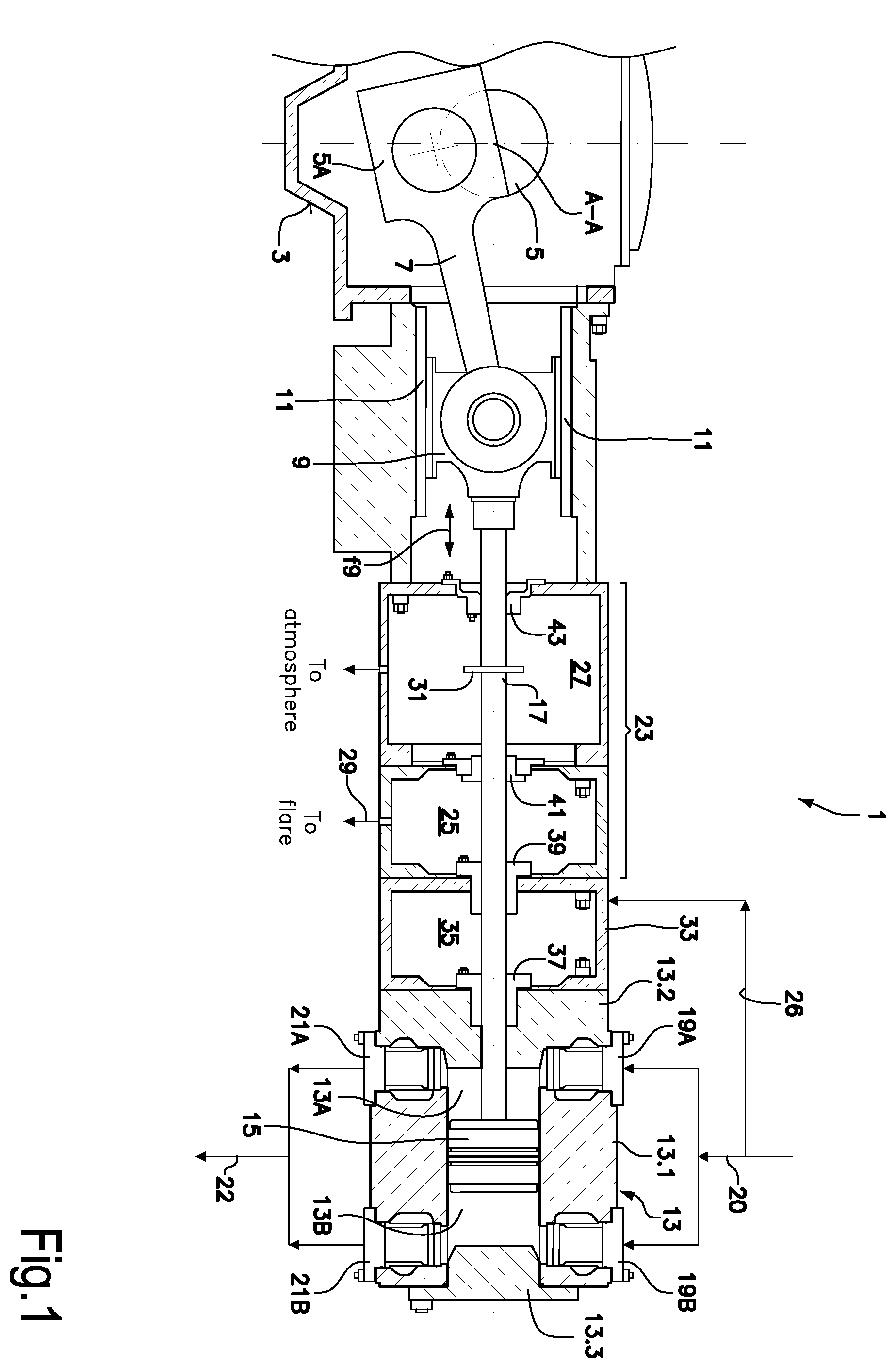 Patent US12504009 Figure 1 – Reciprocating compressor with a pressure-drop chamber and method