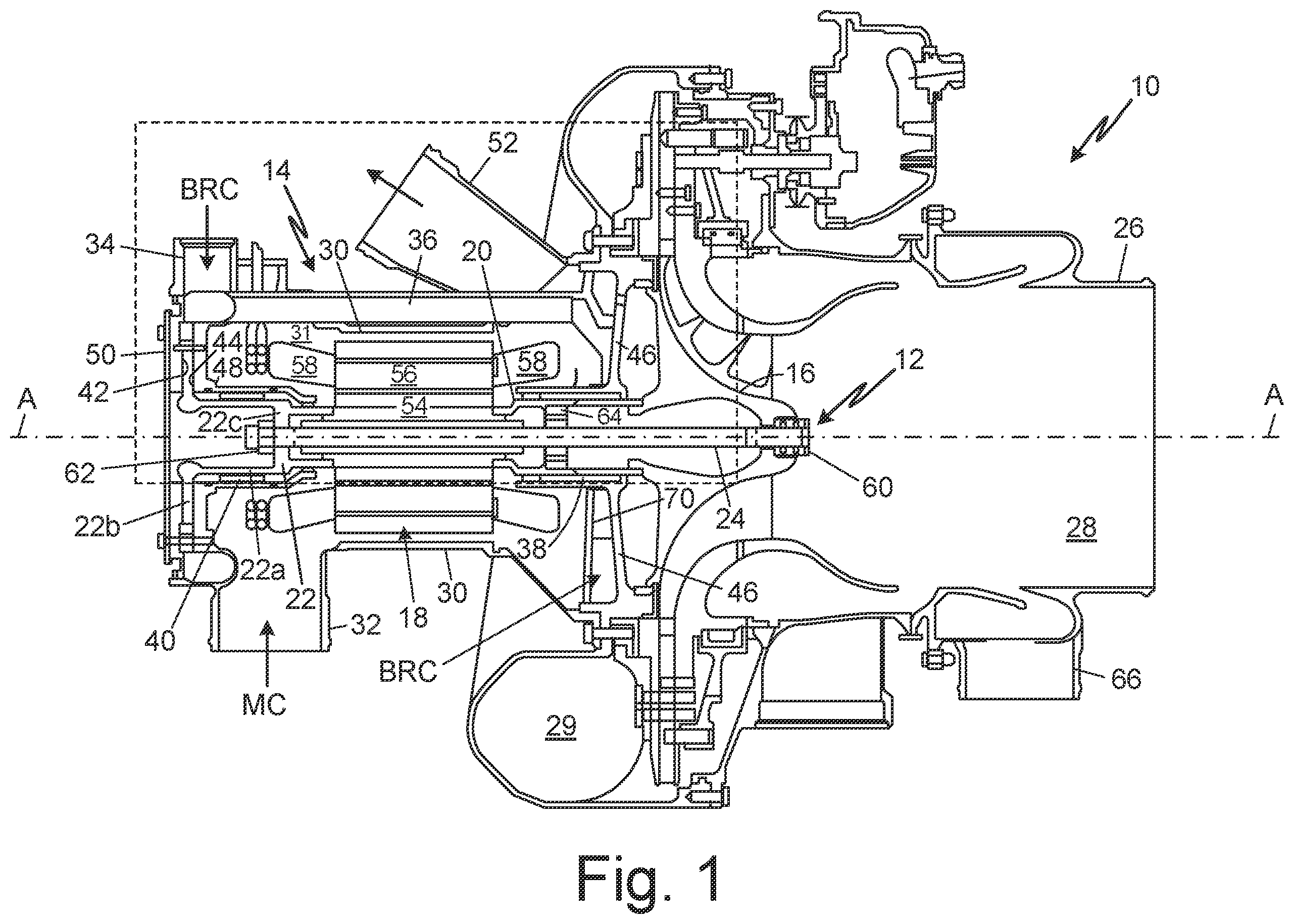 Patent US12504016 Figure 1 – Bearing cooling flow path for a cabin air compressor