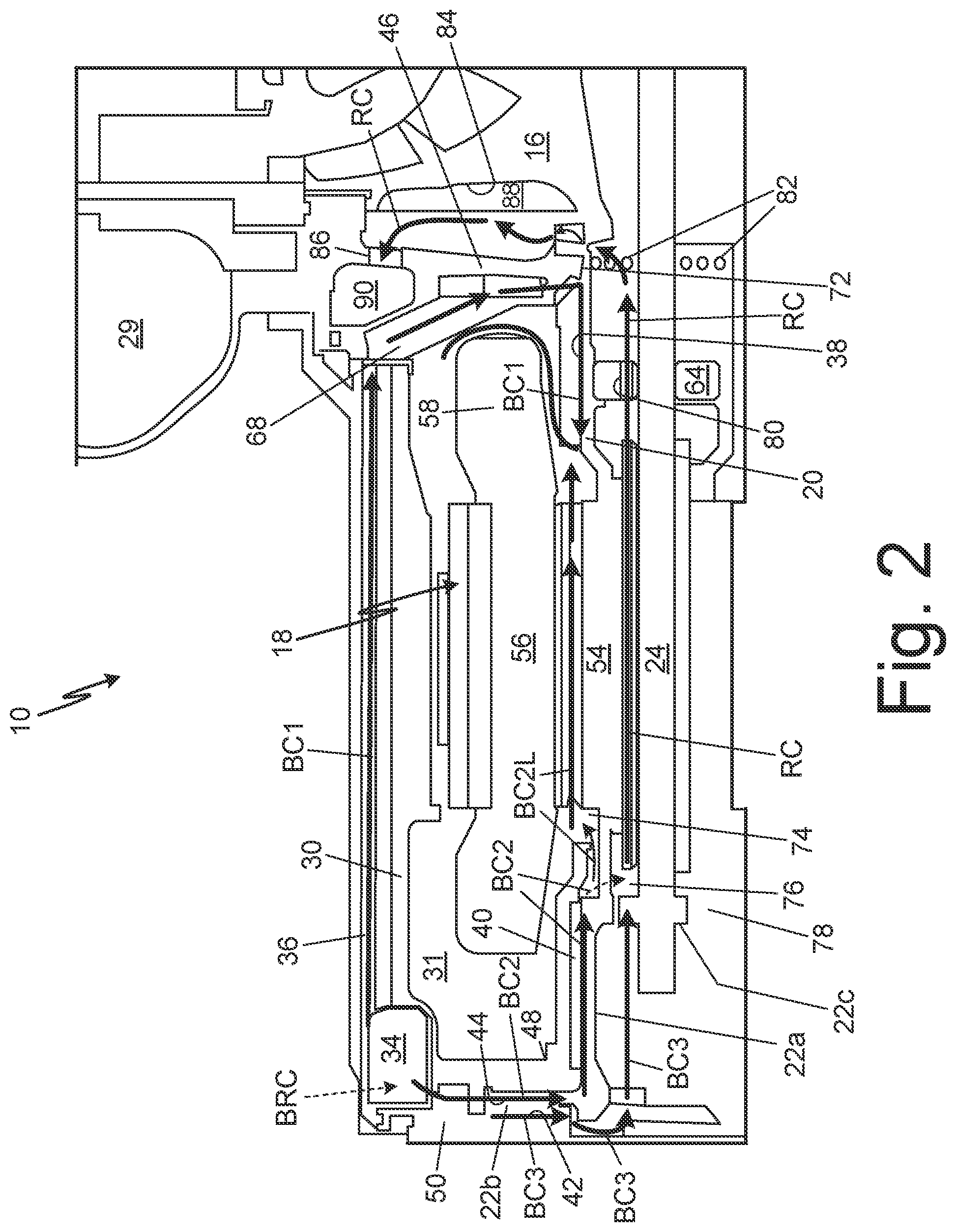 Patent US12504016 Figure 2 – Bearing cooling flow path for a cabin air compressor