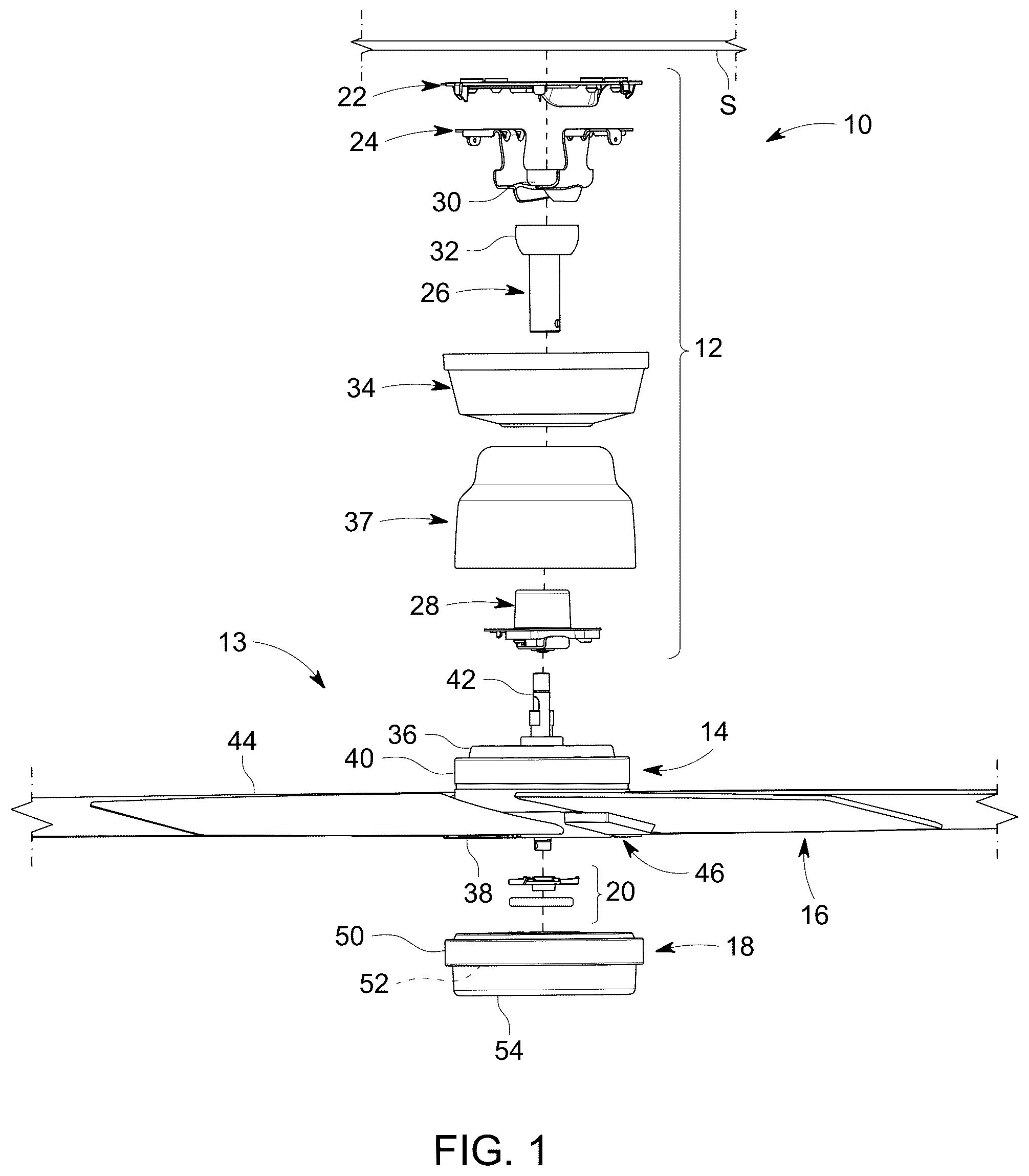 Patent US12504022 Figure 1 – Ceiling fan with a blade quick connection