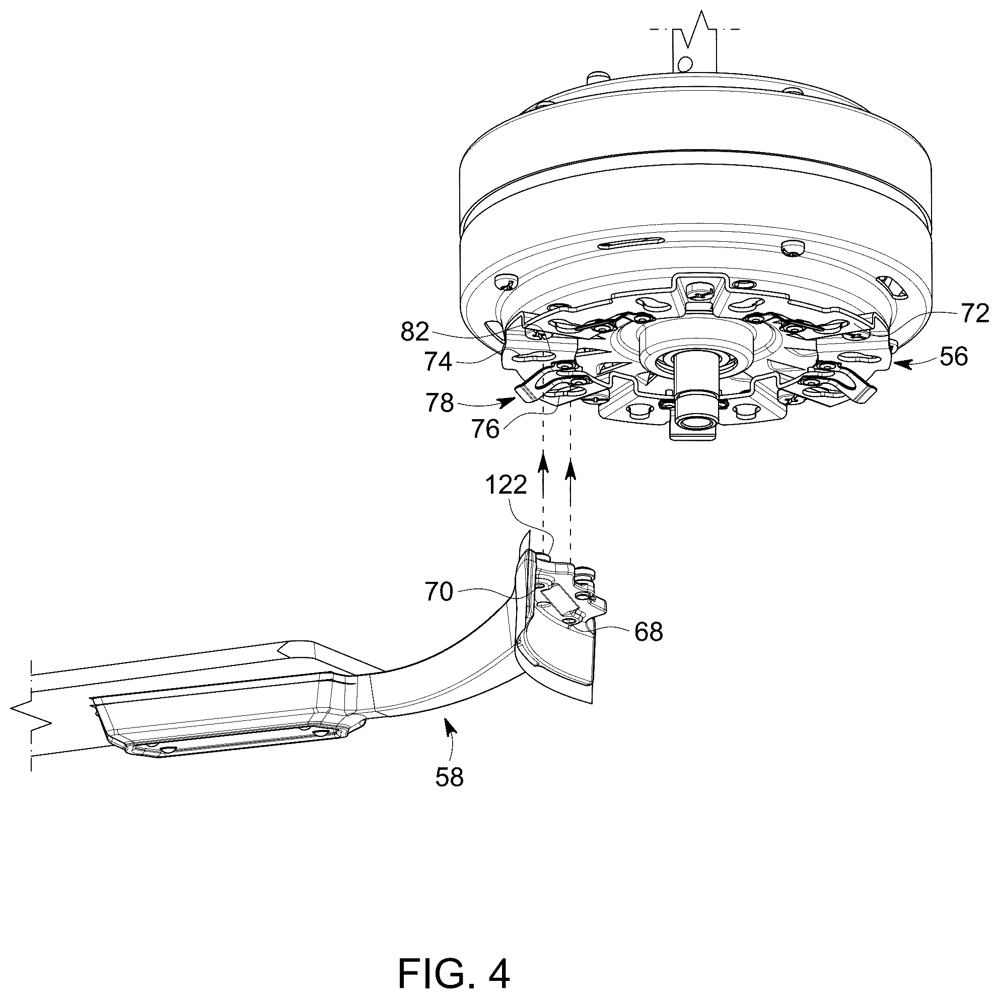 Patent US12504022 Figure 4 – Ceiling fan with a blade quick connection
