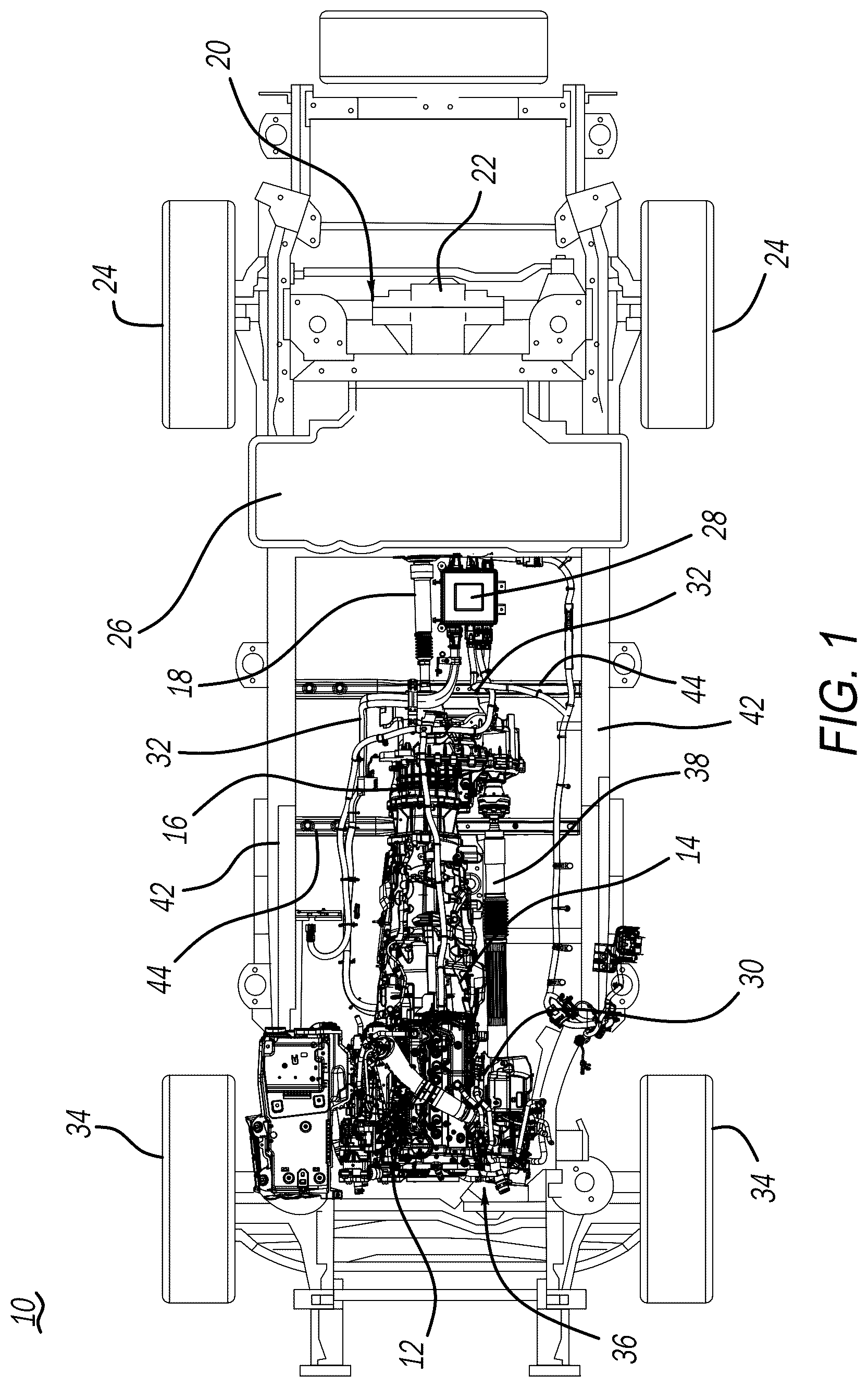 Patent US12504064 Figure 1 – Protective member configured to maintain structural integrity of a transfer case of a hybrid vehicle