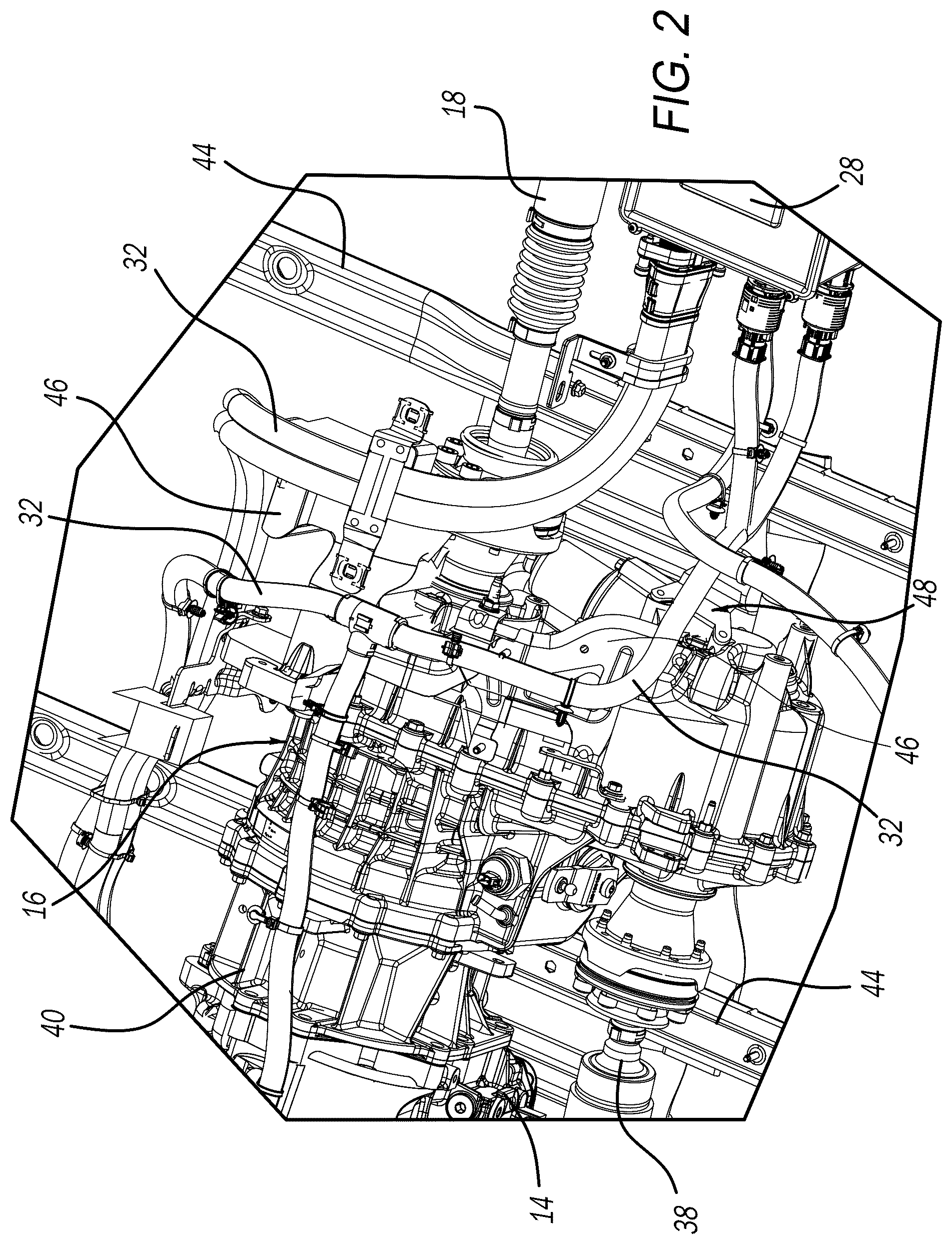 Patent US12504064 Figure 2 – Protective member configured to maintain structural integrity of a transfer case of a hybrid vehicle