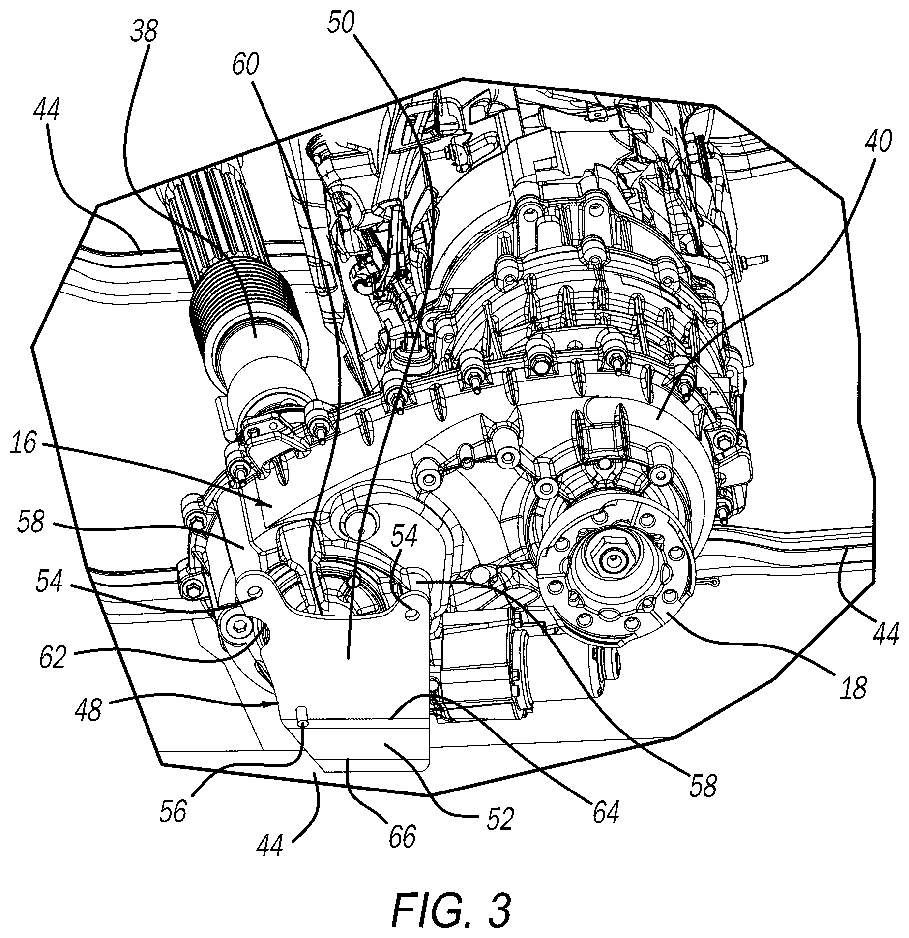 Patent US12504064 Figure 3 – Protective member configured to maintain structural integrity of a transfer case of a hybrid vehicle