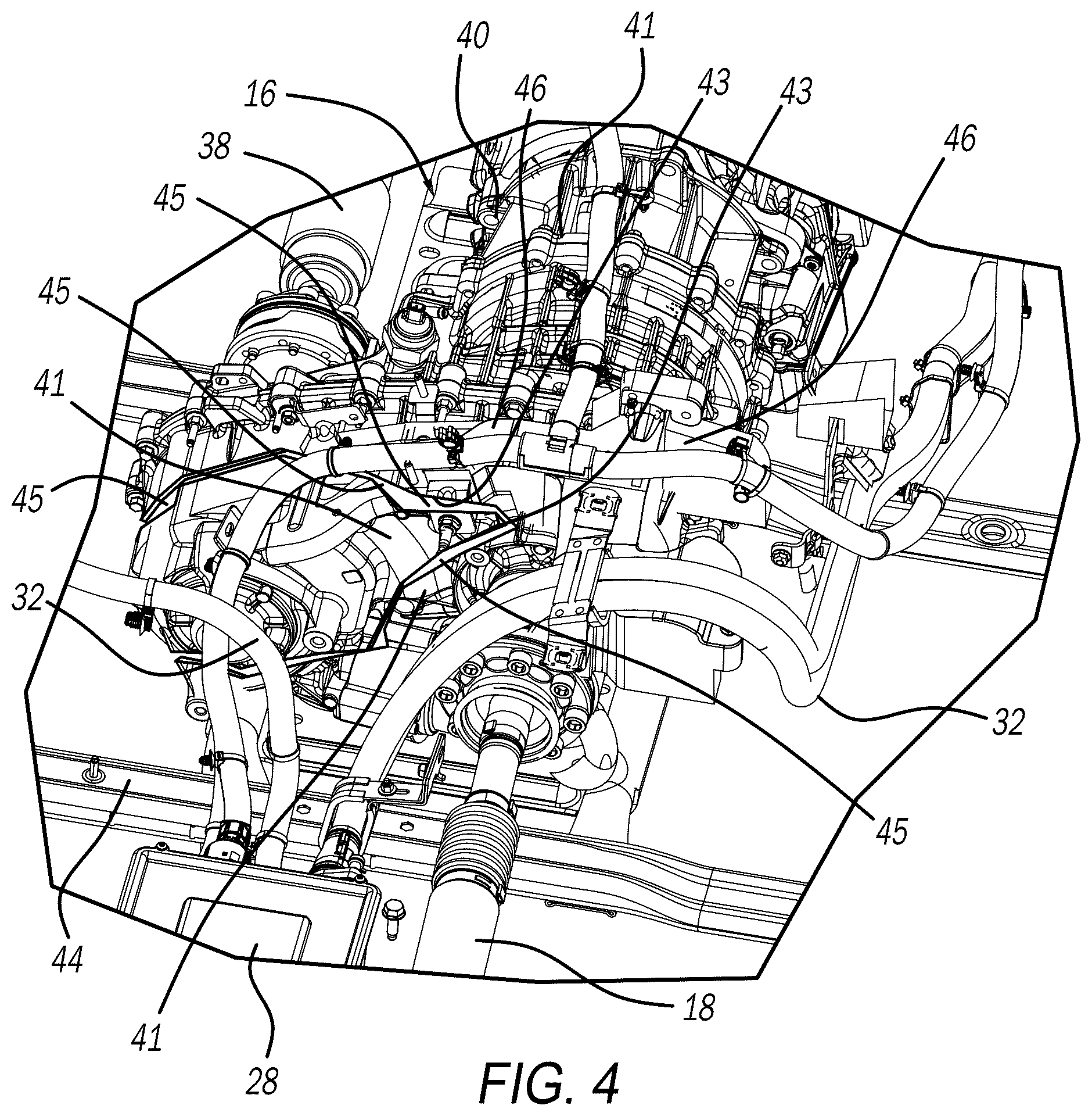 Patent US12504064 Figure 4 – Protective member configured to maintain structural integrity of a transfer case of a hybrid vehicle