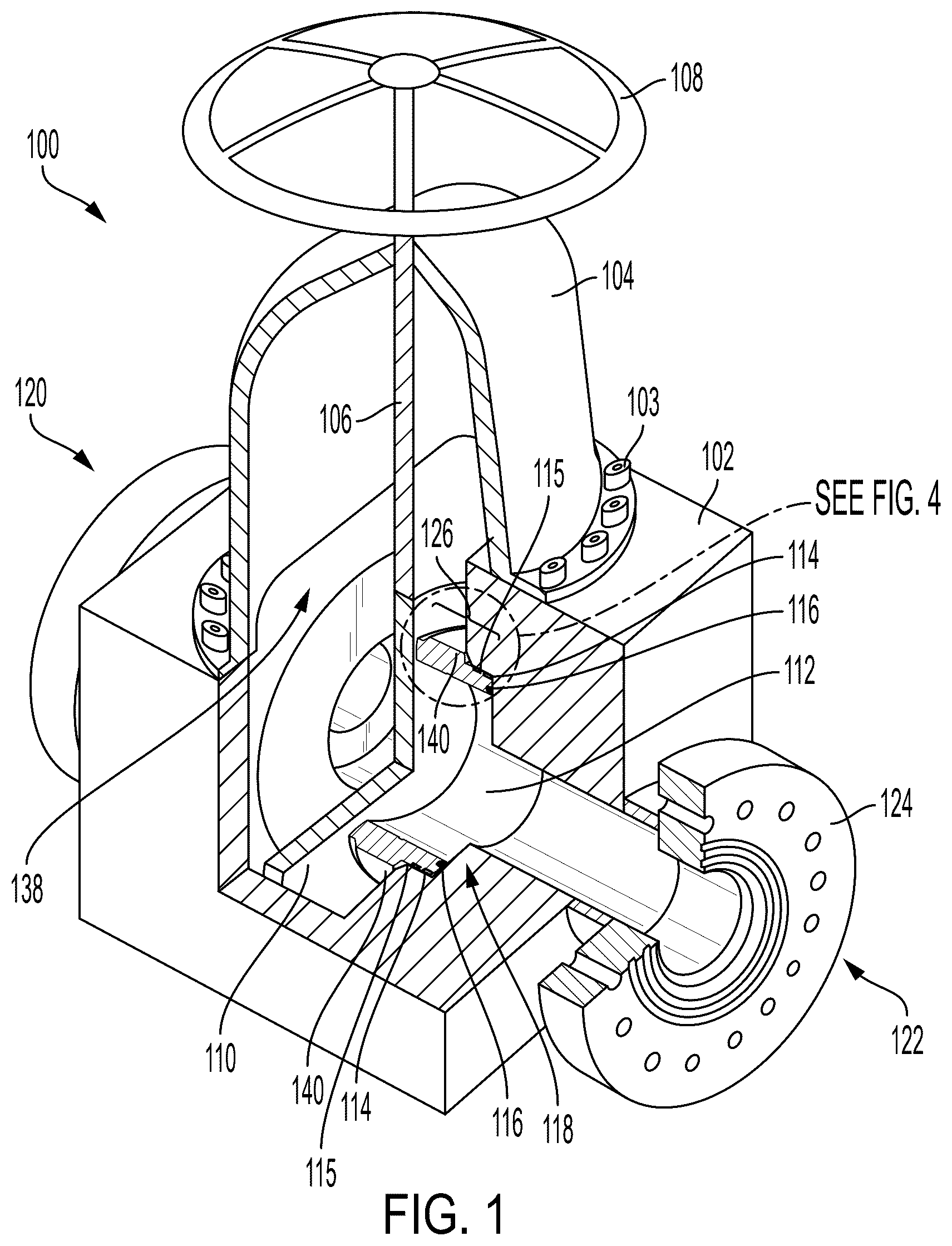 Patent US12504080 Figure 1 – Gate valve seats and seals, kits, and associated methods to enhance operating life of gate valves