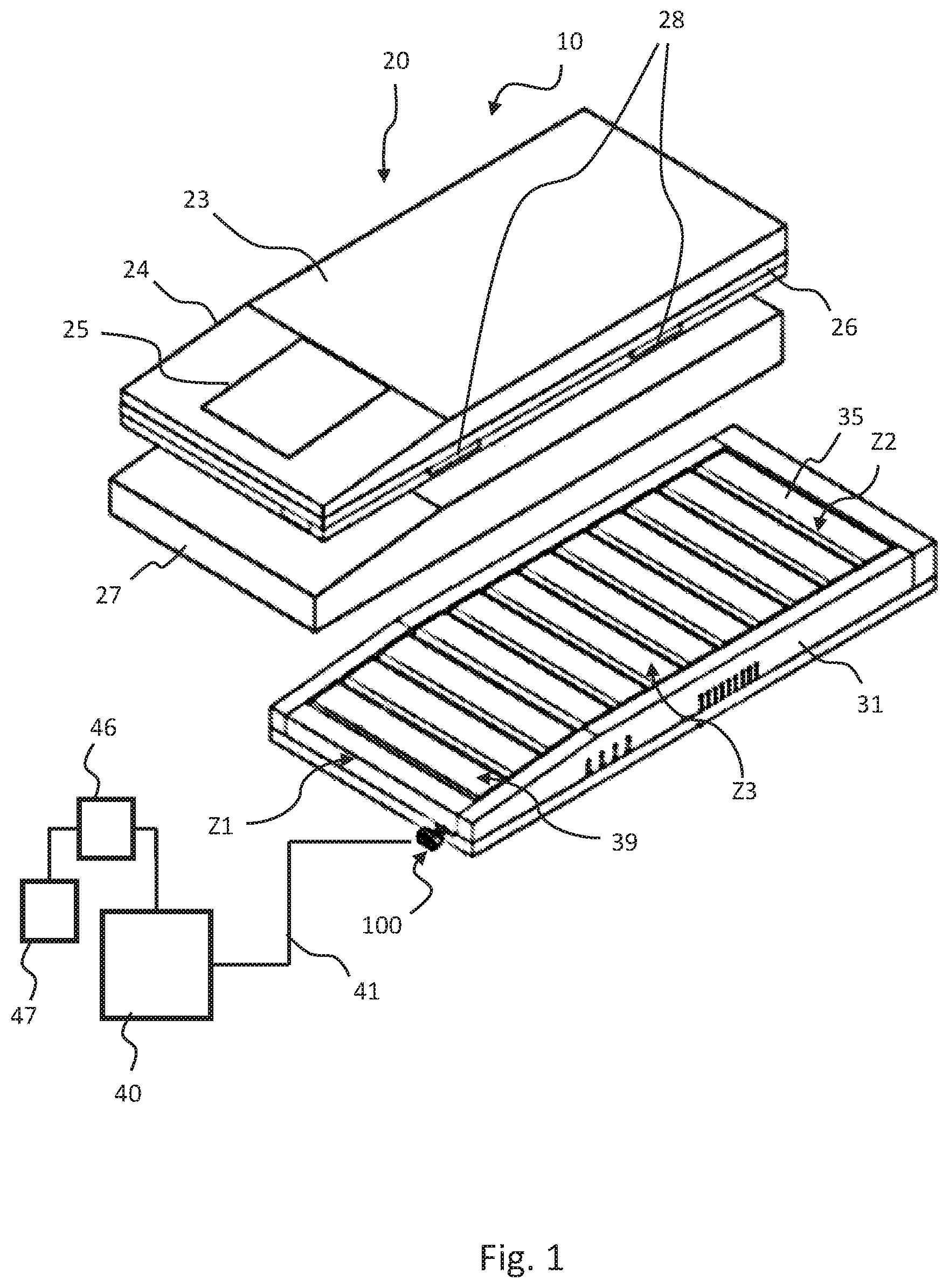 Patent US12504086 Figure 1 – Pneumatic connector assembly, inflatable mattress and patient support apparatus