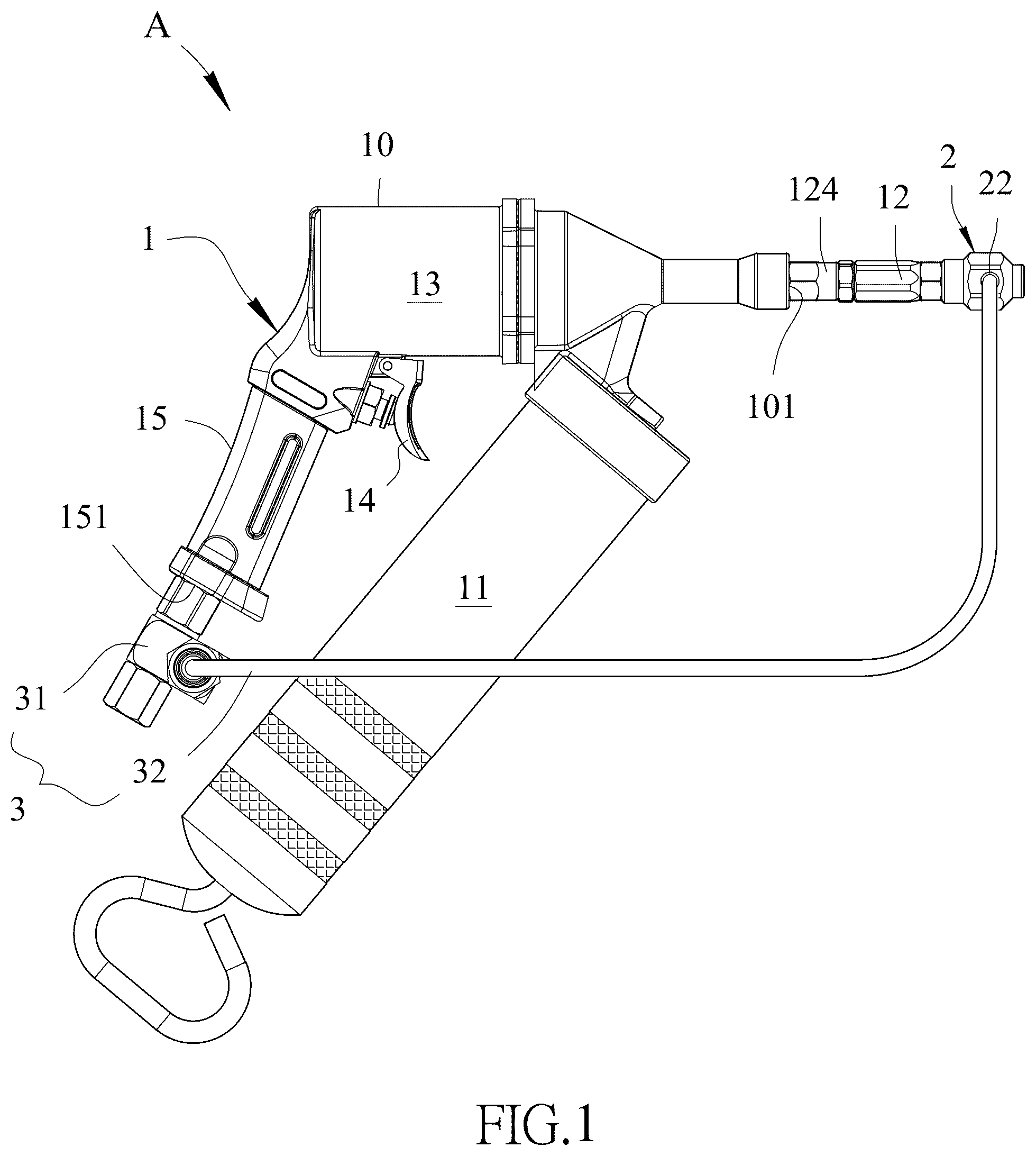 Patent US12504119 Figure 1 – Lubricant atomizing device for grease guns