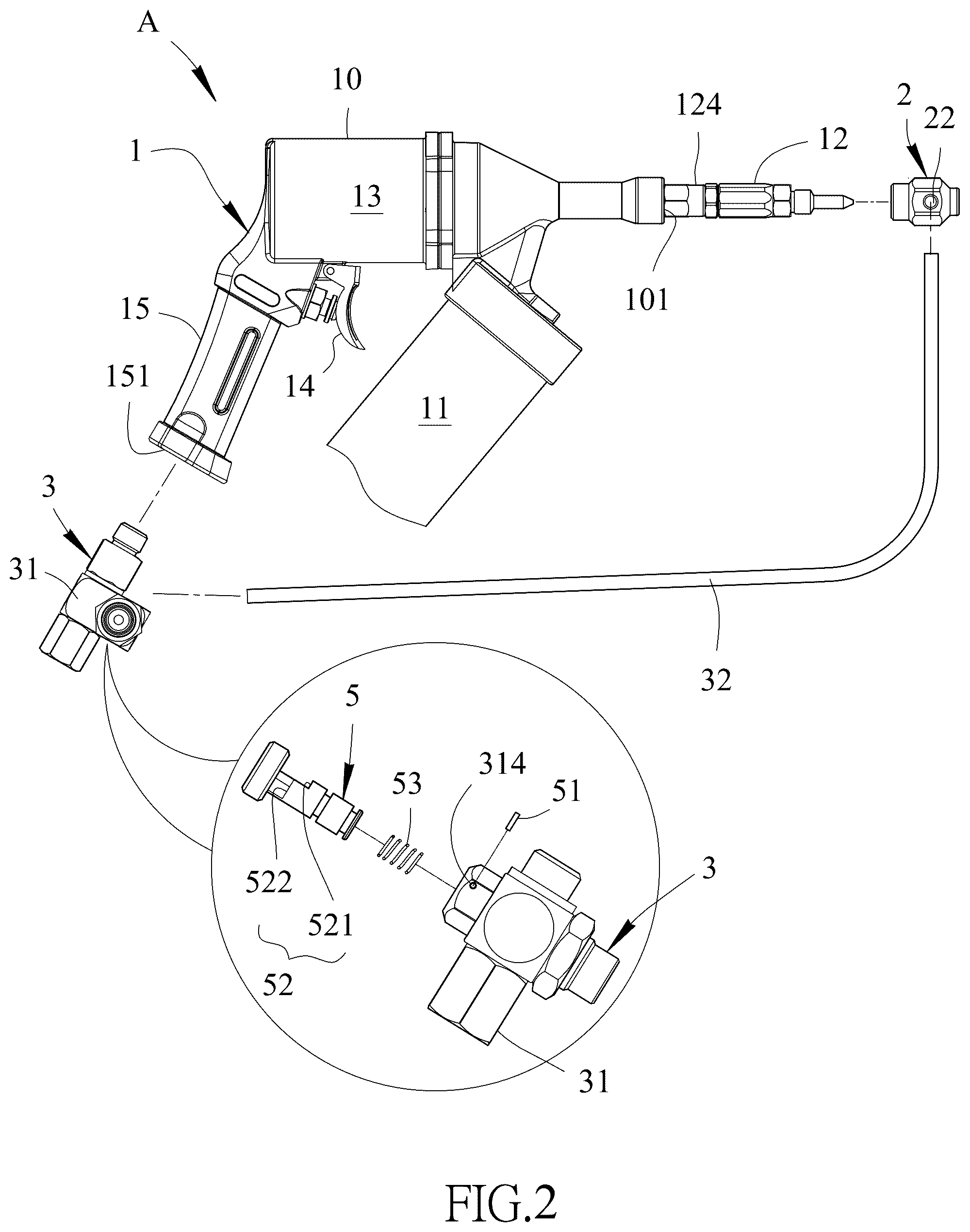 Patent US12504119 Figure 2 – Lubricant atomizing device for grease guns
