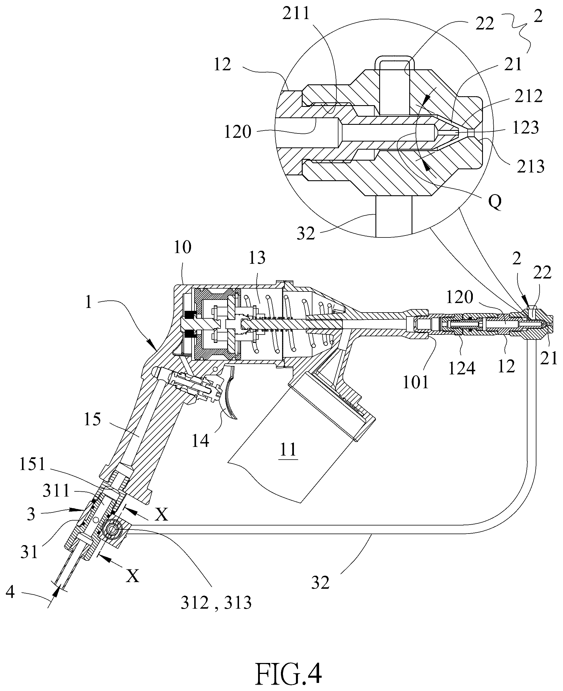 Patent US12504119 Figure 4 – Lubricant atomizing device for grease guns
