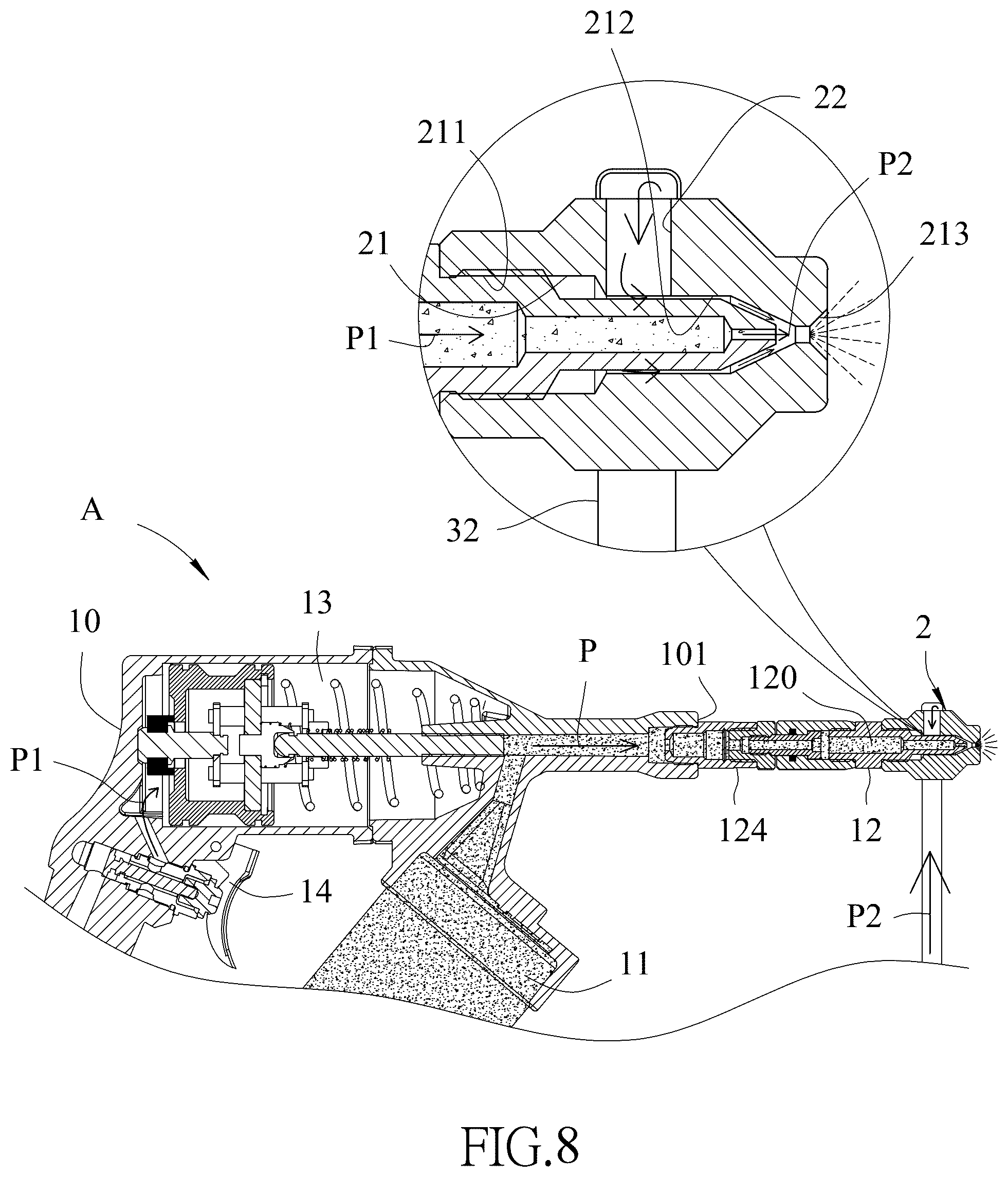Patent US12504119 Figure 8 – Lubricant atomizing device for grease guns