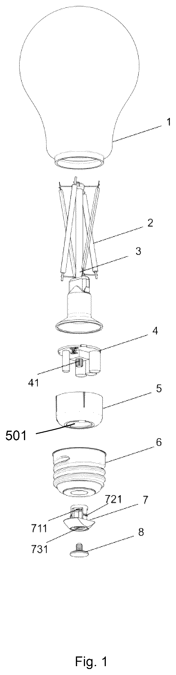 Patent US12504130 Figure 1 – Lighting apparatus with switch rotating ring at bottom of edison cap