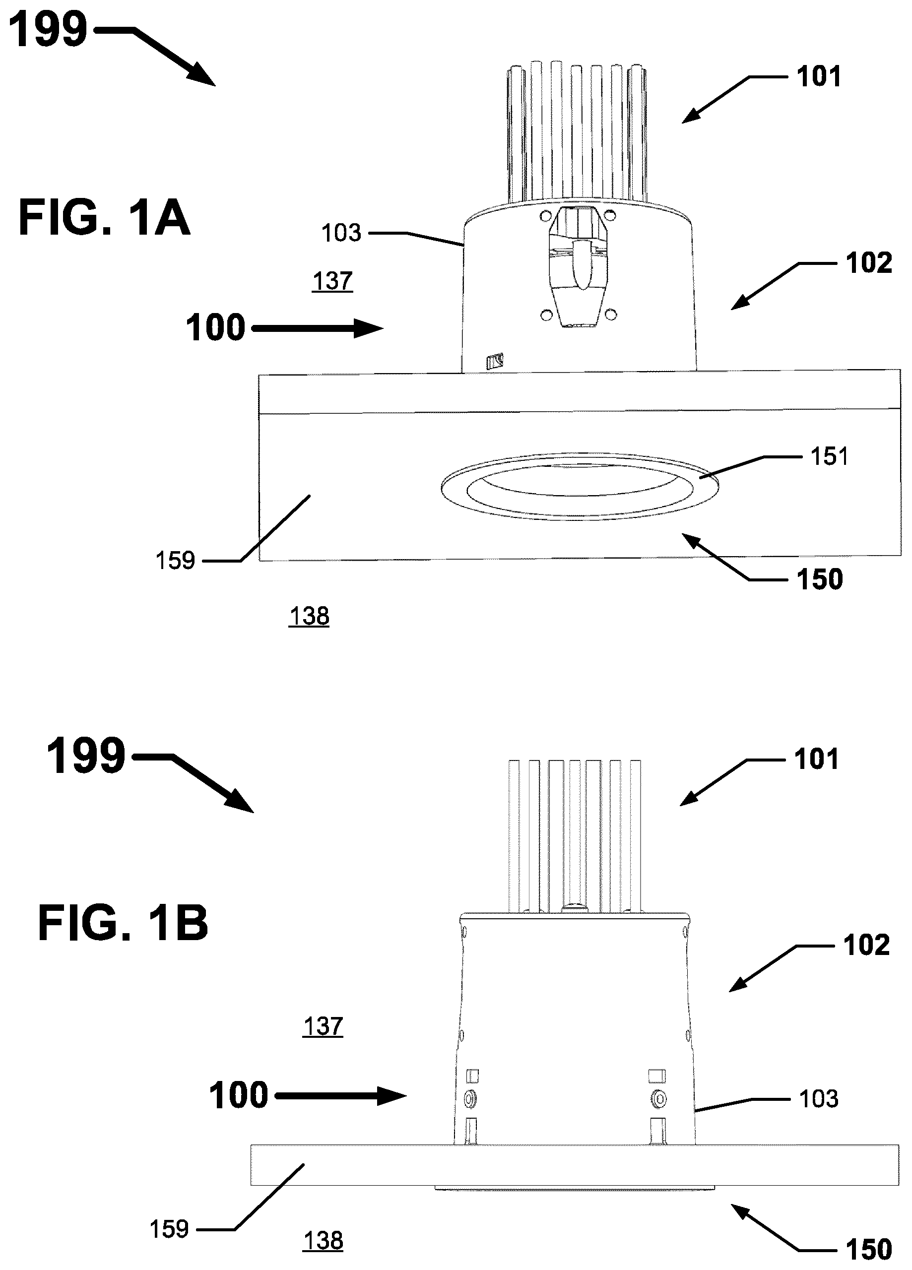 Patent US12504153 Figure 1 – Trim retention assemblies for recessed luminaires