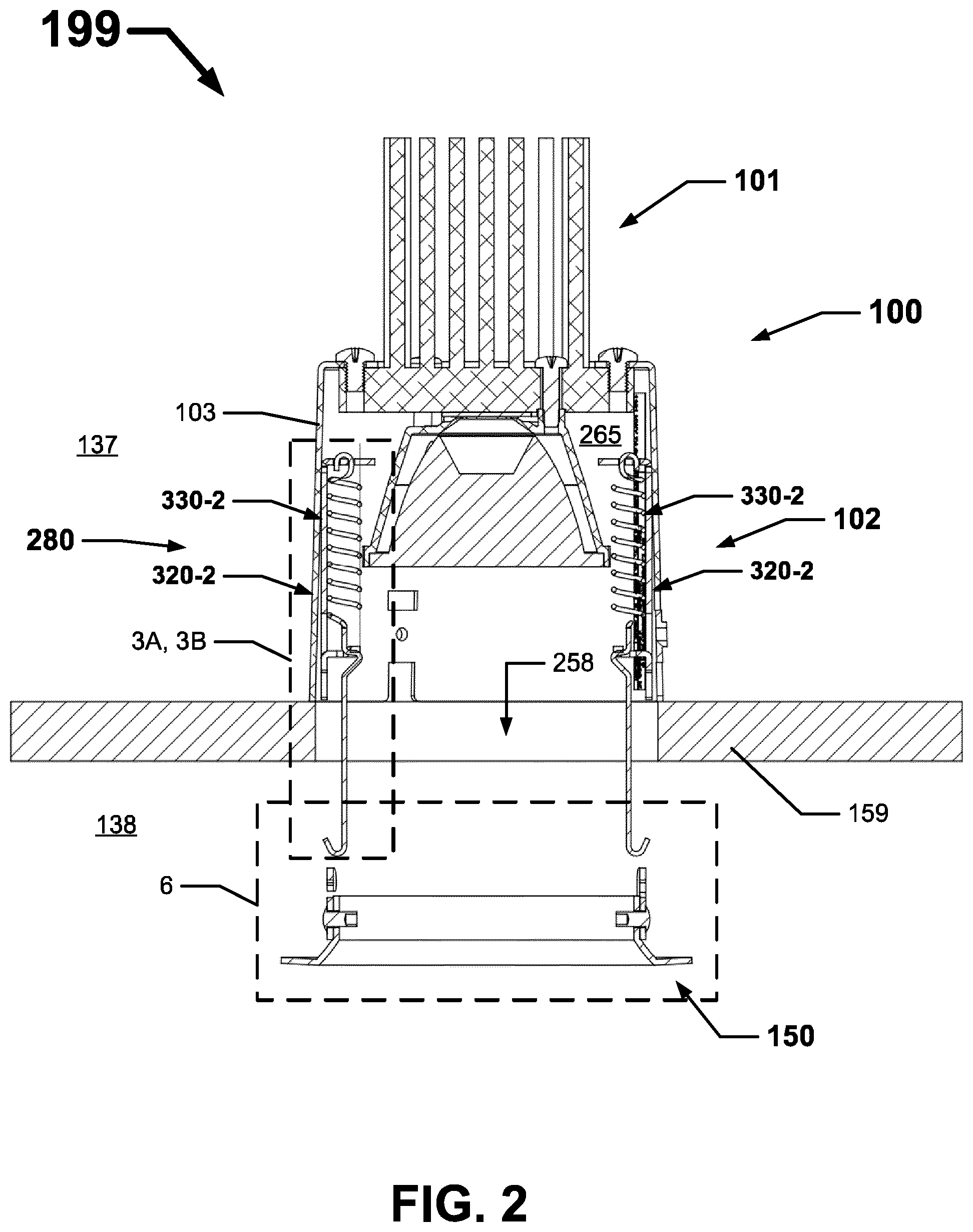 Patent US12504153 Figure 2 – Trim retention assemblies for recessed luminaires