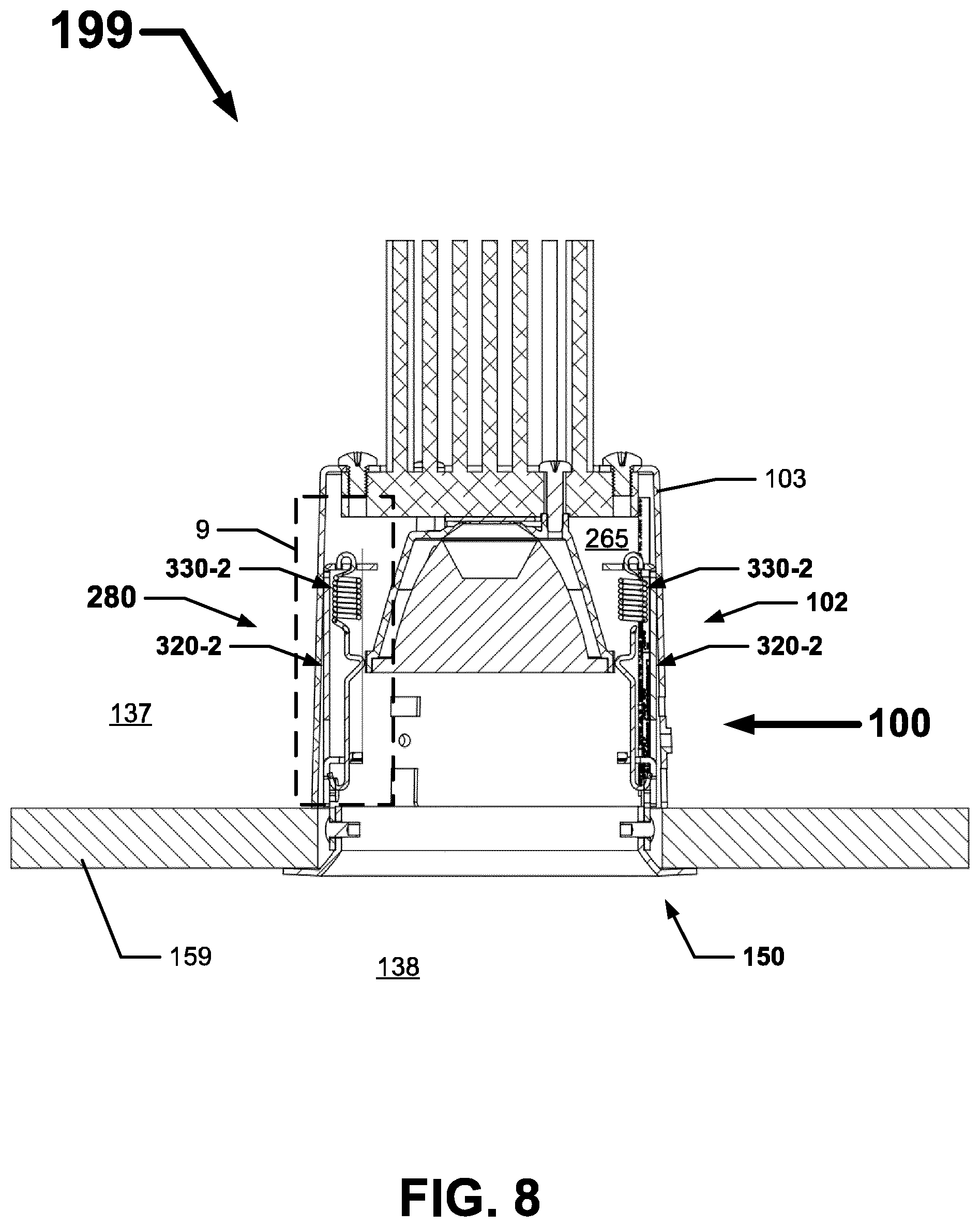 Patent US12504153 Figure 8 – Trim retention assemblies for recessed luminaires