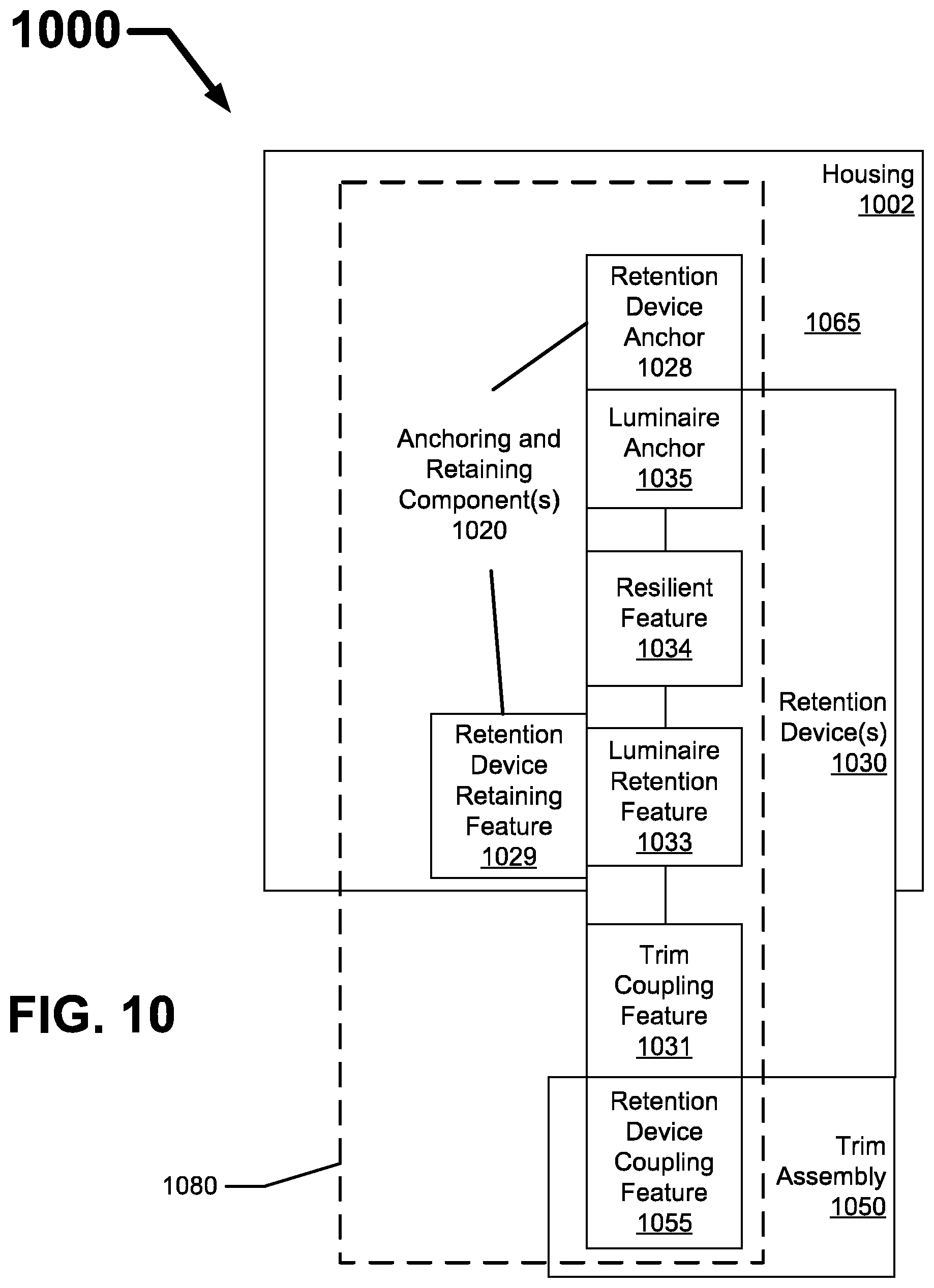 Patent US12504153 Figure 10 – Trim retention assemblies for recessed luminaires